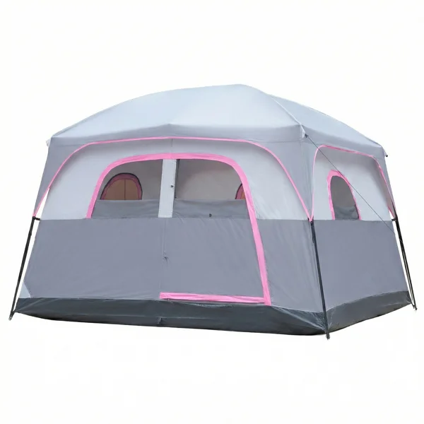 6 Person Outdoor Camping Tent, Waterproof Windproof Easy Setup, Double Layer Family Camping Tent with 1 Mesh Door & 5 Large Mesh Windows, Gray