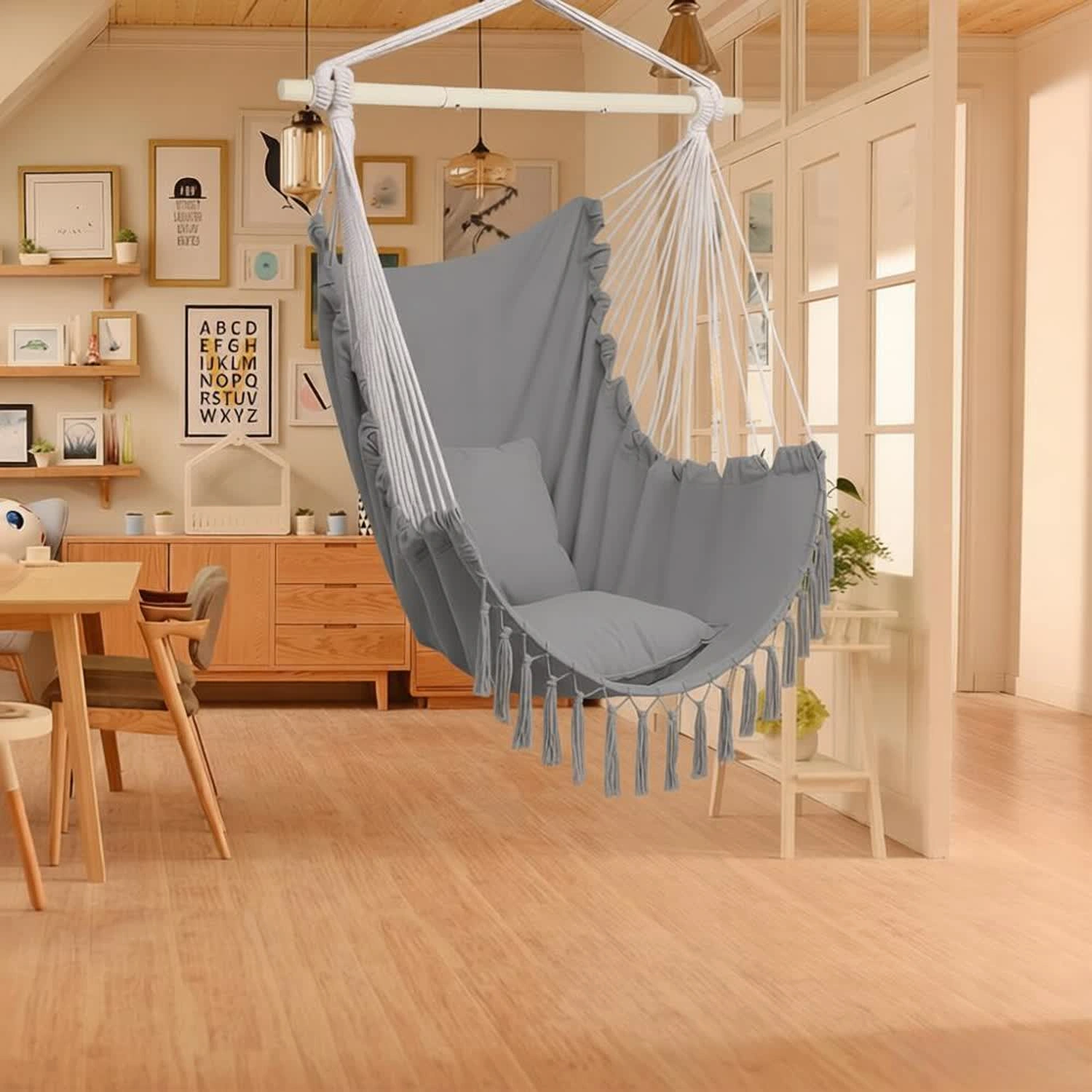 Pillow Tassel Hanging Chair Light Gray view 8