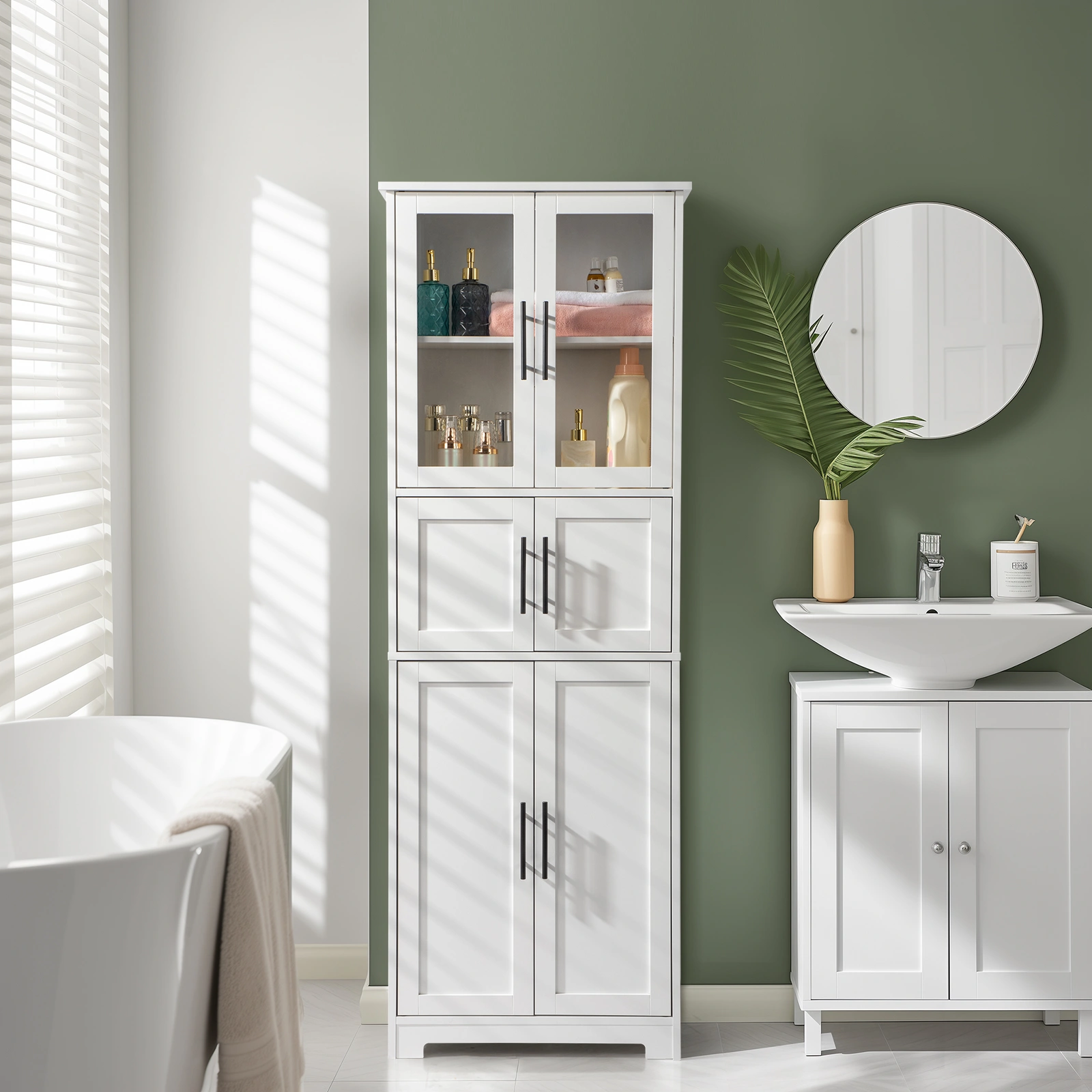White MDF 6-Door Bathroom Cabinet - Spray Paint Finish for Home Storage Organization