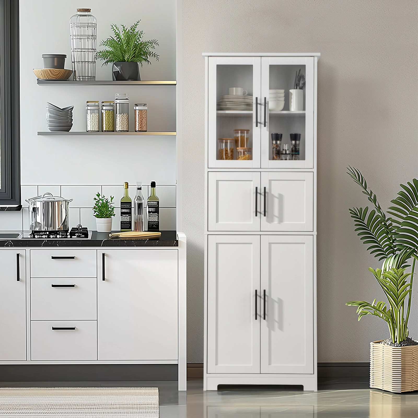 White MDF 6-Door Bathroom Cabinet - Spray Paint Finish for Home Storage Organization view 3