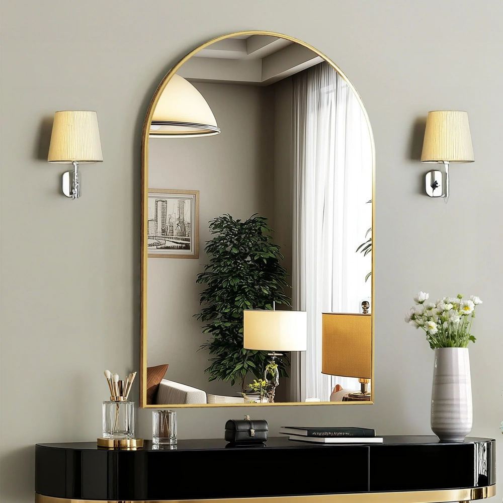 24"X36" Arched Bathroom Mirror, Wall Mounted Mirror with Aluminum Alloy Frame, Bathroom Mirror for Living Room, Bedroom, Bathroom and Entryway, Gold
