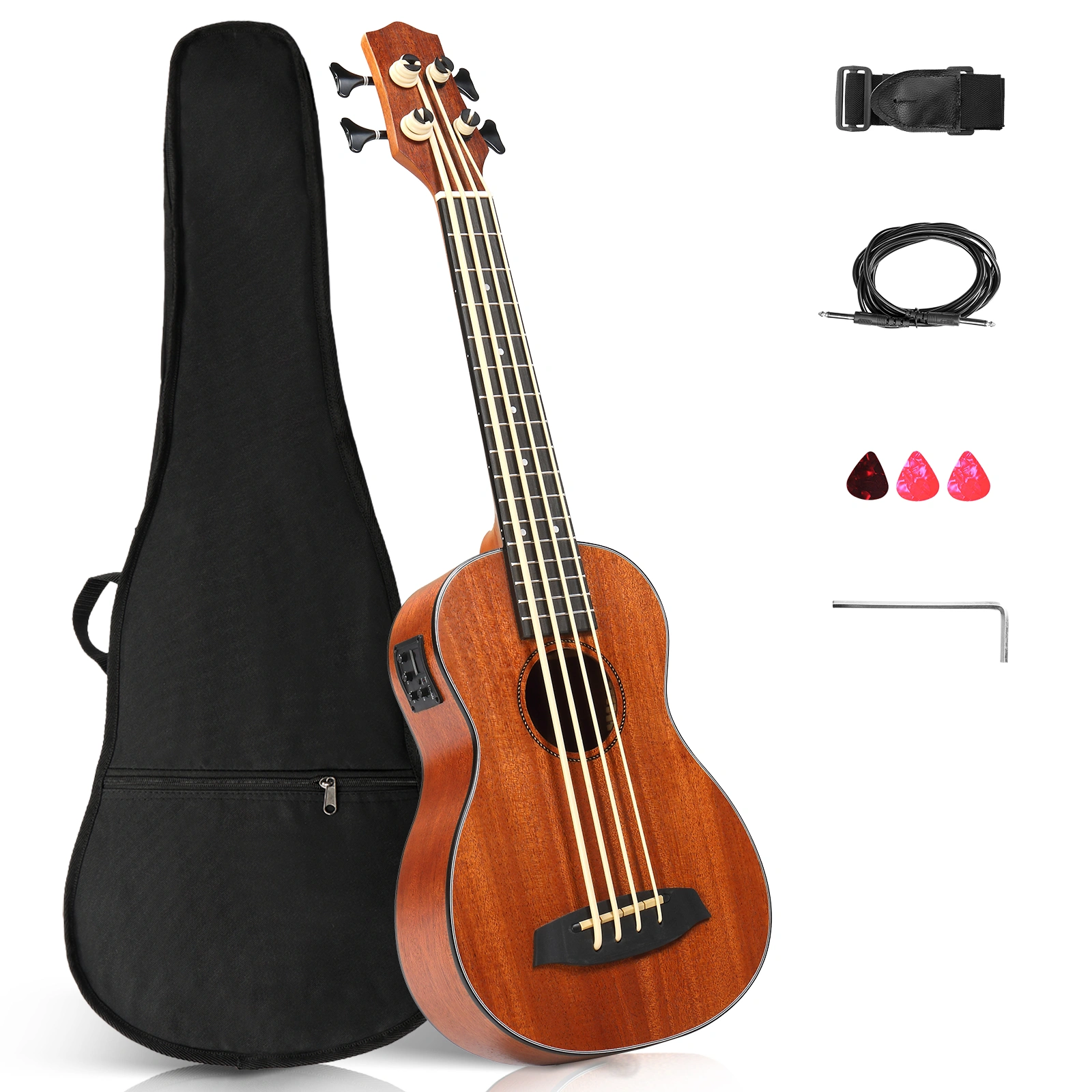 30 Inch Ukulele Bass Guitar Mahogany Body w/ EQ, Includes Cotton Bag Capo Strap 3 Picks Wrench Tool Bundle