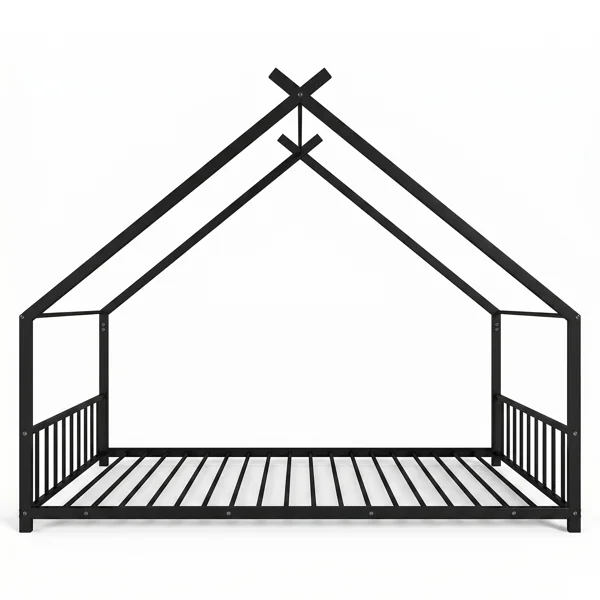 Black House Shaped Twin Size Kids Metal Bed with Side Rails, Platform Bed No Box Spring Needed, Safe & Sturdy Metal Frame for Kids Toddlers, US Standard Size view 4
