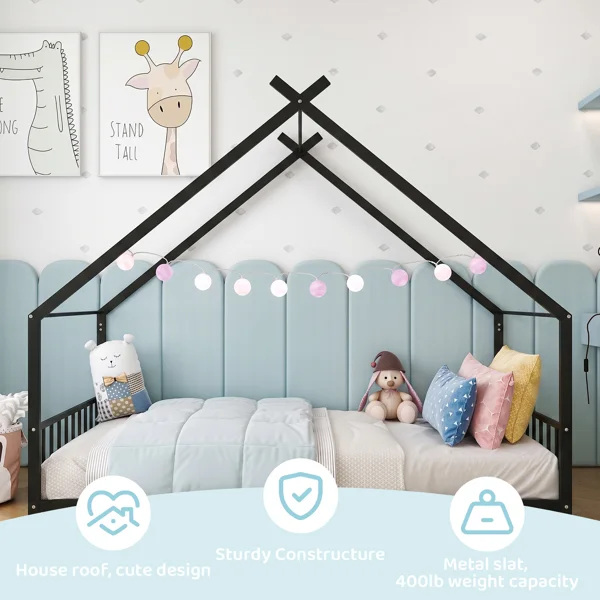 Black House Shaped Twin Size Kids Metal Bed with Side Rails, Platform Bed No Box Spring Needed, Safe & Sturdy Metal Frame for Kids Toddlers, US Standard Size view 6