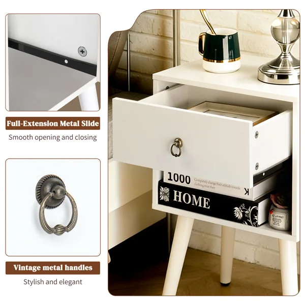 White P2 particleboard with solid wood legs, linen-textured melamine finish, and ring pull handle. 38*30*55cm. One drawer with a lower compartment. Bedside table. 1PC view 2