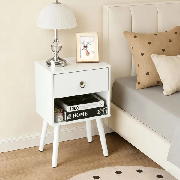 White P2 particleboard with solid wood legs, linen-textured melamine finish, and ring pull handle. 38*30*55cm. One drawer with a lower compartment. Bedside table. 1PC view 6