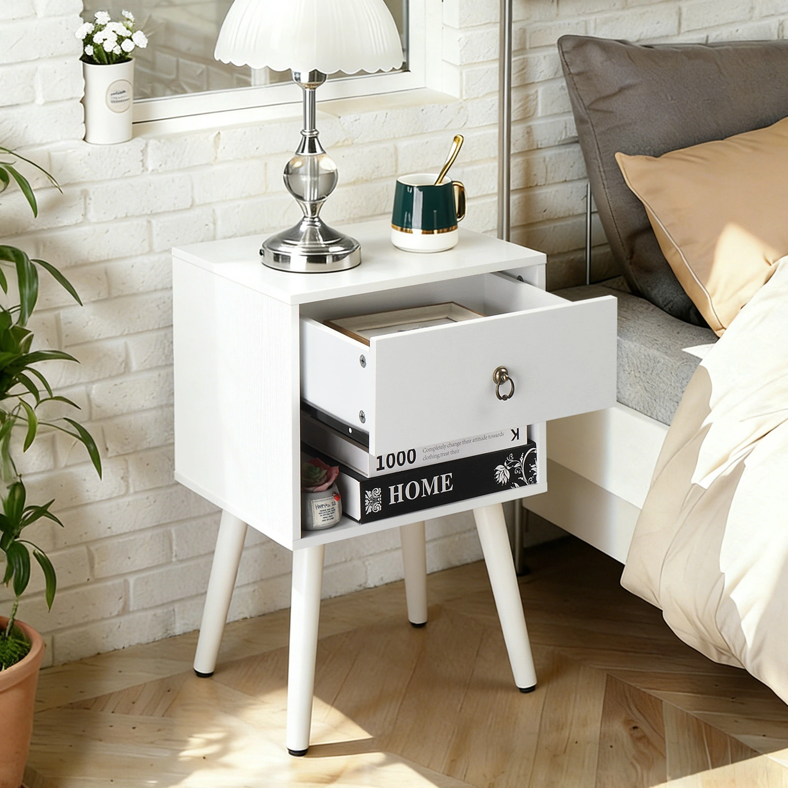 White P2 particleboard with solid wood legs, linen-textured melamine finish, and ring pull handle. 38*30*55cm. One drawer with a lower compartment. Bedside table. 1PC