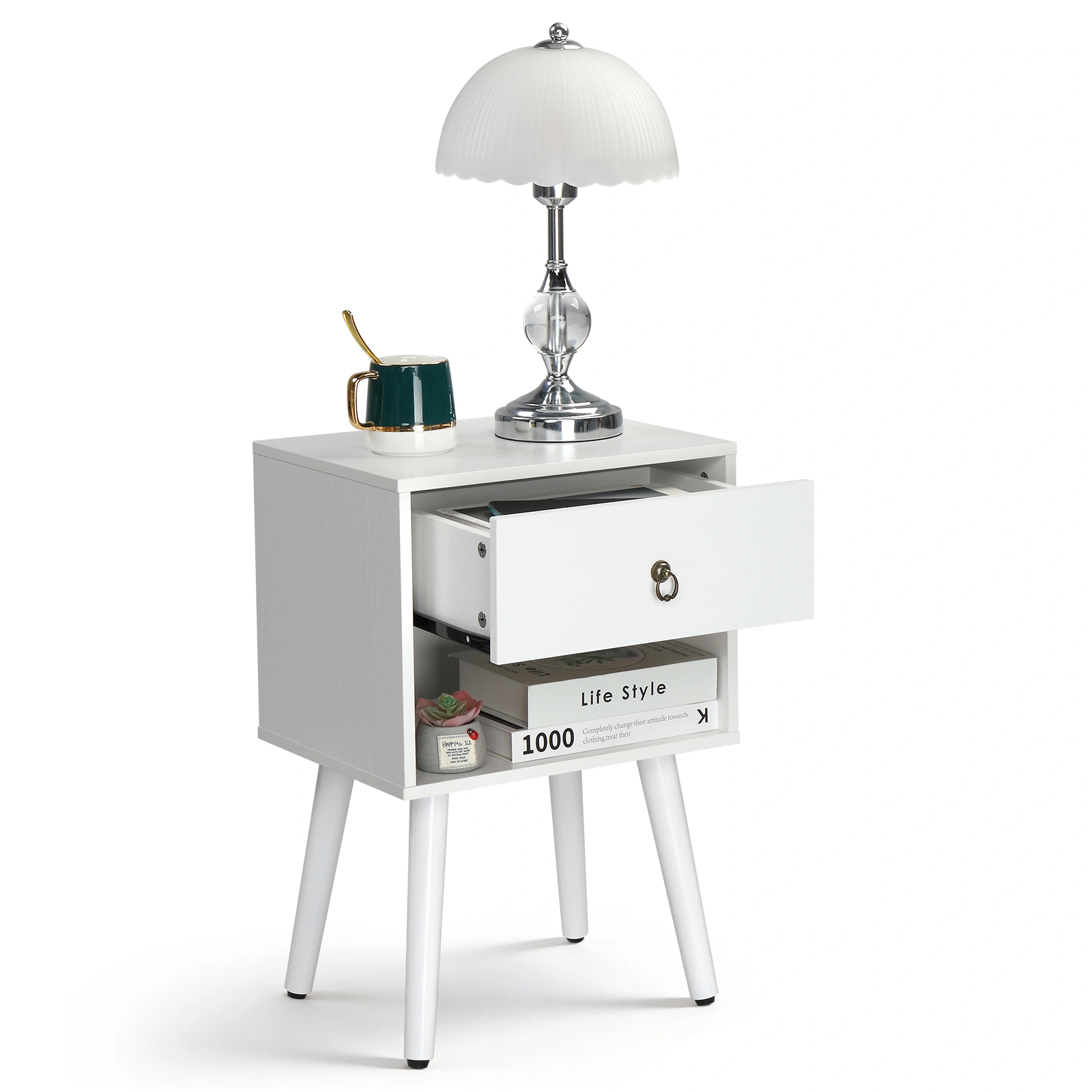 White P2 particleboard with solid wood legs, linen-textured melamine finish, and ring pull handle. 38*30*55cm. One drawer with a lower compartment. Bedside table. 1PC view 13