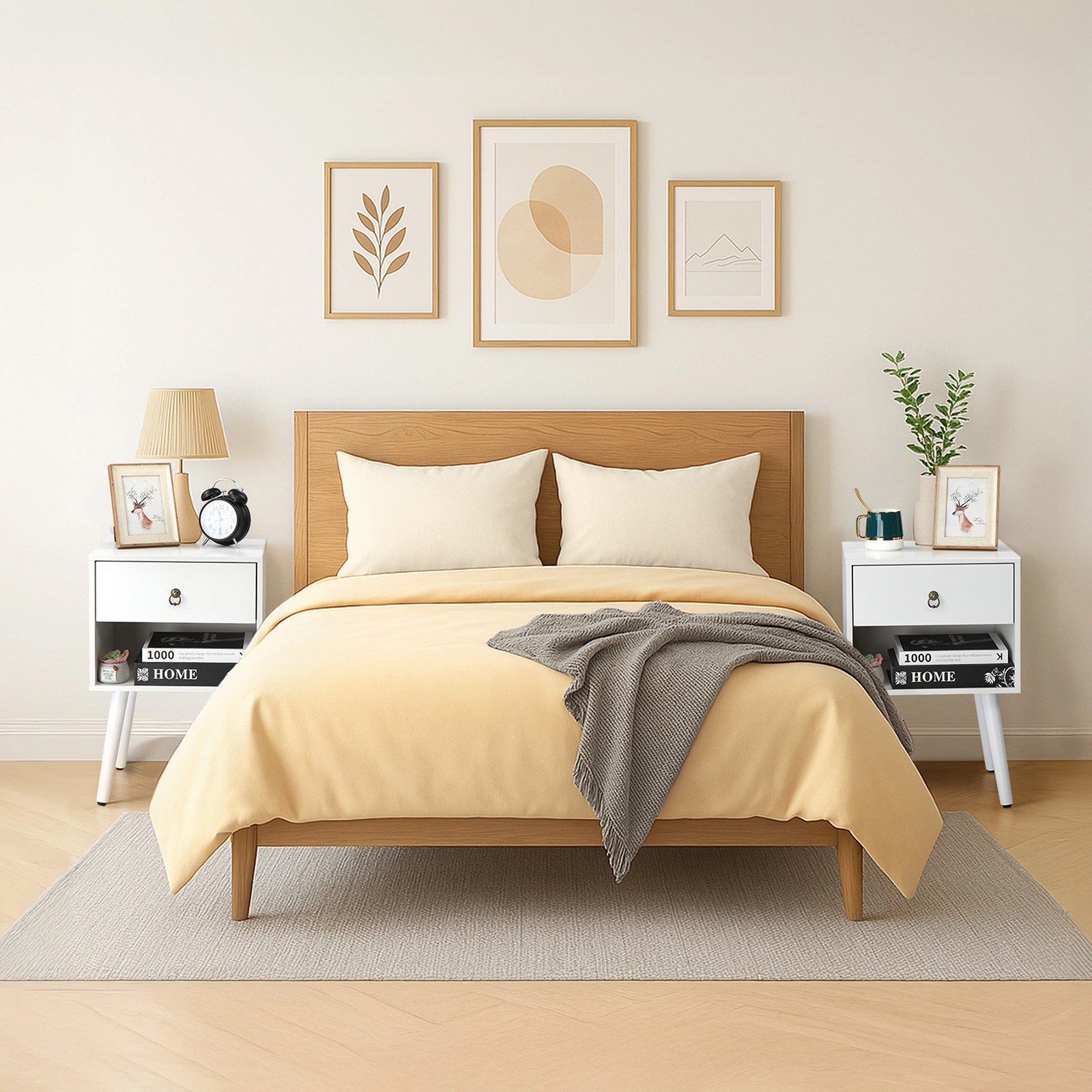 White P2 particleboard with solid wood legs, linen-textured melamine finish, and ring pull handle. 38*30*55cm. One drawer with a lower compartment. Bedside table. 1PC view 8