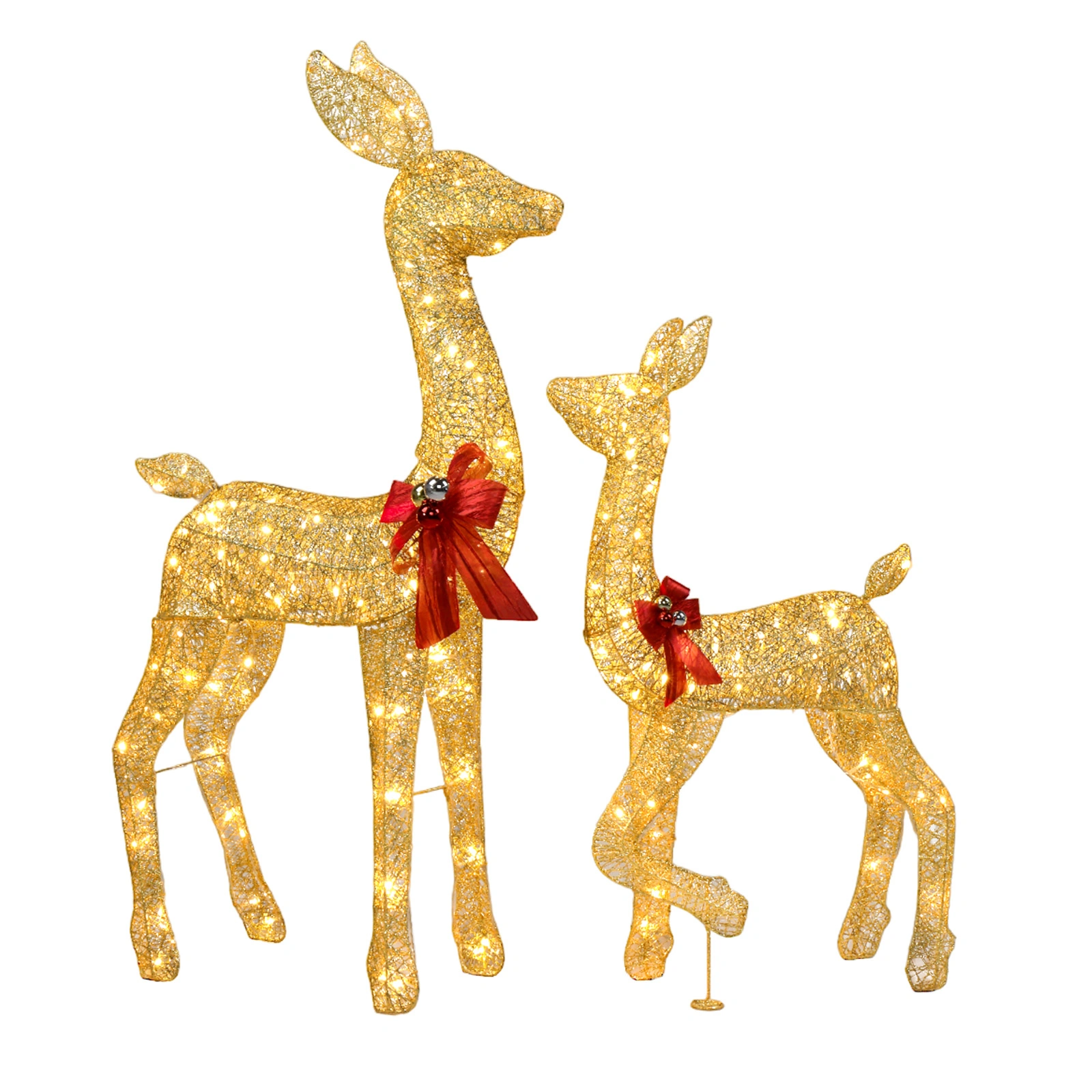 2-Piece Lighted Christmas Deer Family Outdoor Yard Decoration, 210 LED Warm White Lights, Gold Metal Garden Decor