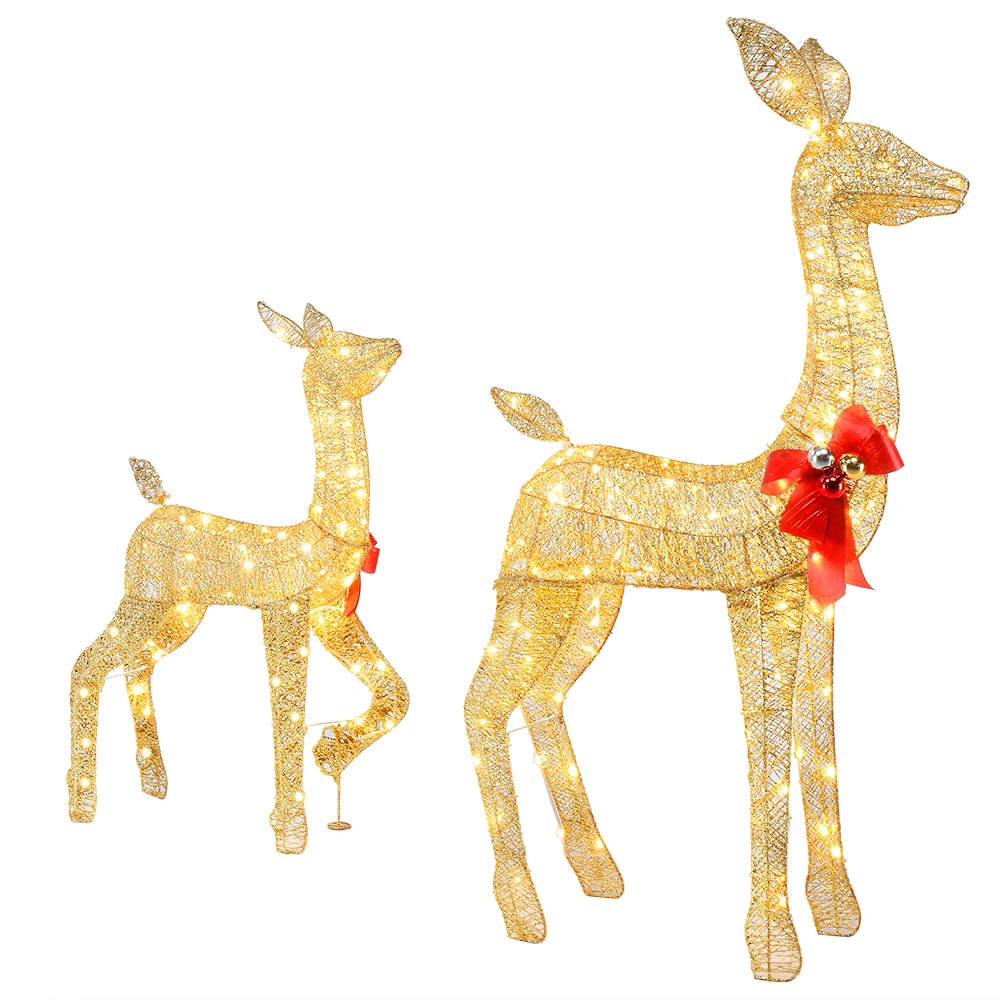 2-Piece Lighted Christmas Deer Family Outdoor Yard Decoration, 210 LED Warm White Lights, Gold Metal Garden Decor view 2