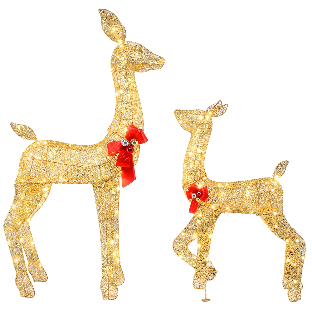 2-Piece Lighted Christmas Deer Family Outdoor Yard Decoration, 210 LED Warm White Lights, Gold Metal Garden Decor view 3