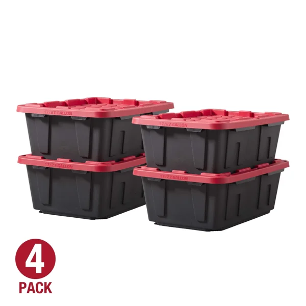 (Pack of 4) 17 Gallon Medium Storage Bin Low Profile with Snap Lid, Black and Red, Heavy Duty Plastic Storage Container
