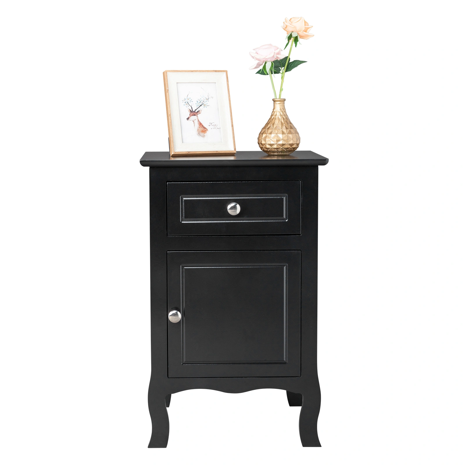 Country Style Night Stand 40x30x63cm, MDF Bedside Table with 1 Drawer 1 Door, Spray Paint Curved Foot, Black view 2