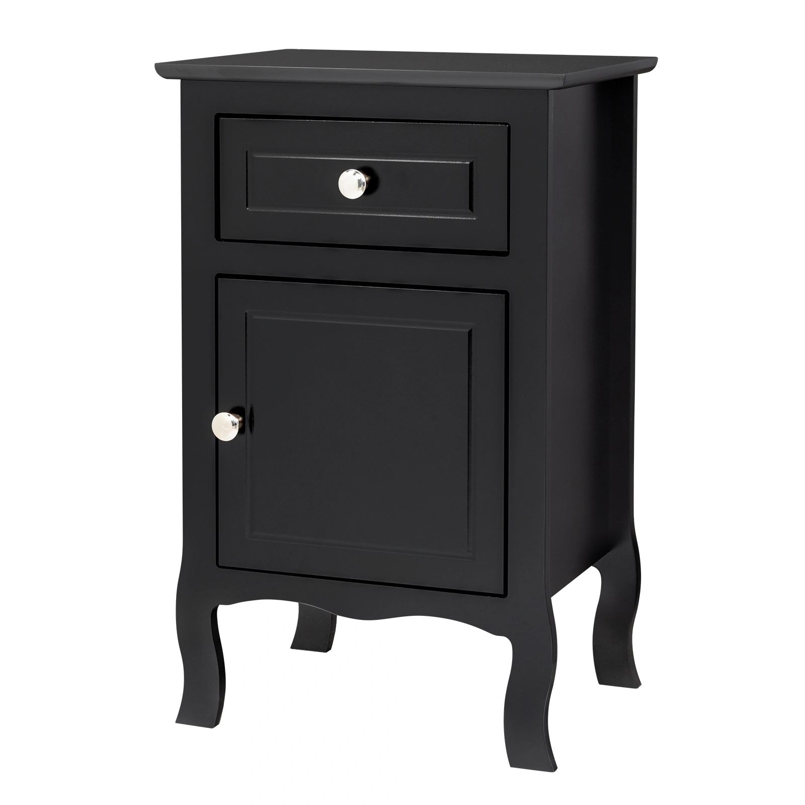 Country Style Night Stand 40x30x63cm, MDF Bedside Table with 1 Drawer 1 Door, Spray Paint Curved Foot, Black view 3