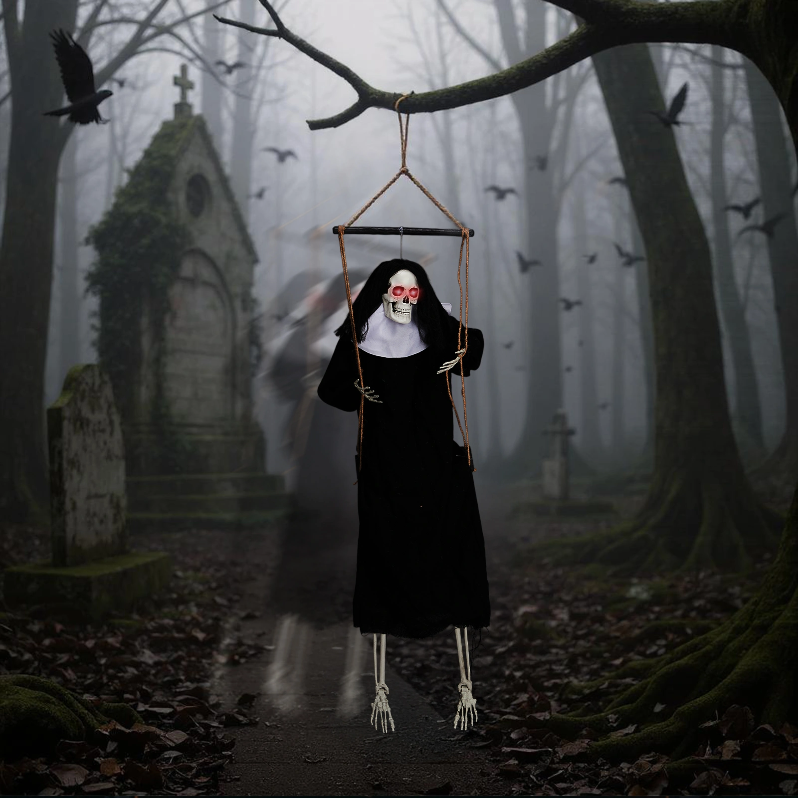 Halloween Outdoor Decorations 2 Pack Hanging Ghosts with Light-Up Eyes & Horror Scream, 3ft Scary Grim Reaper Swinging Flying Ghost for Yard Patio Lawn Garden view 10