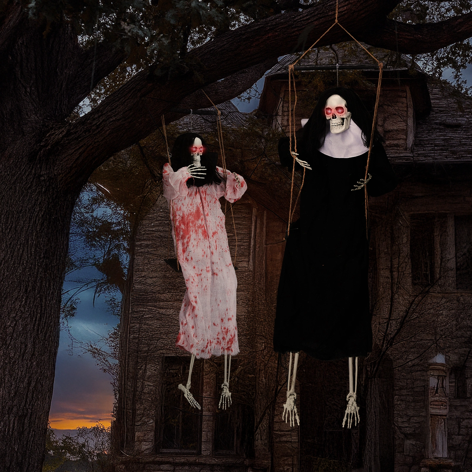 Halloween Outdoor Decorations 2 Pack Hanging Ghosts with Light-Up Eyes & Horror Scream, 3ft Scary Grim Reaper Swinging Flying Ghost for Yard Patio Lawn Garden view 13