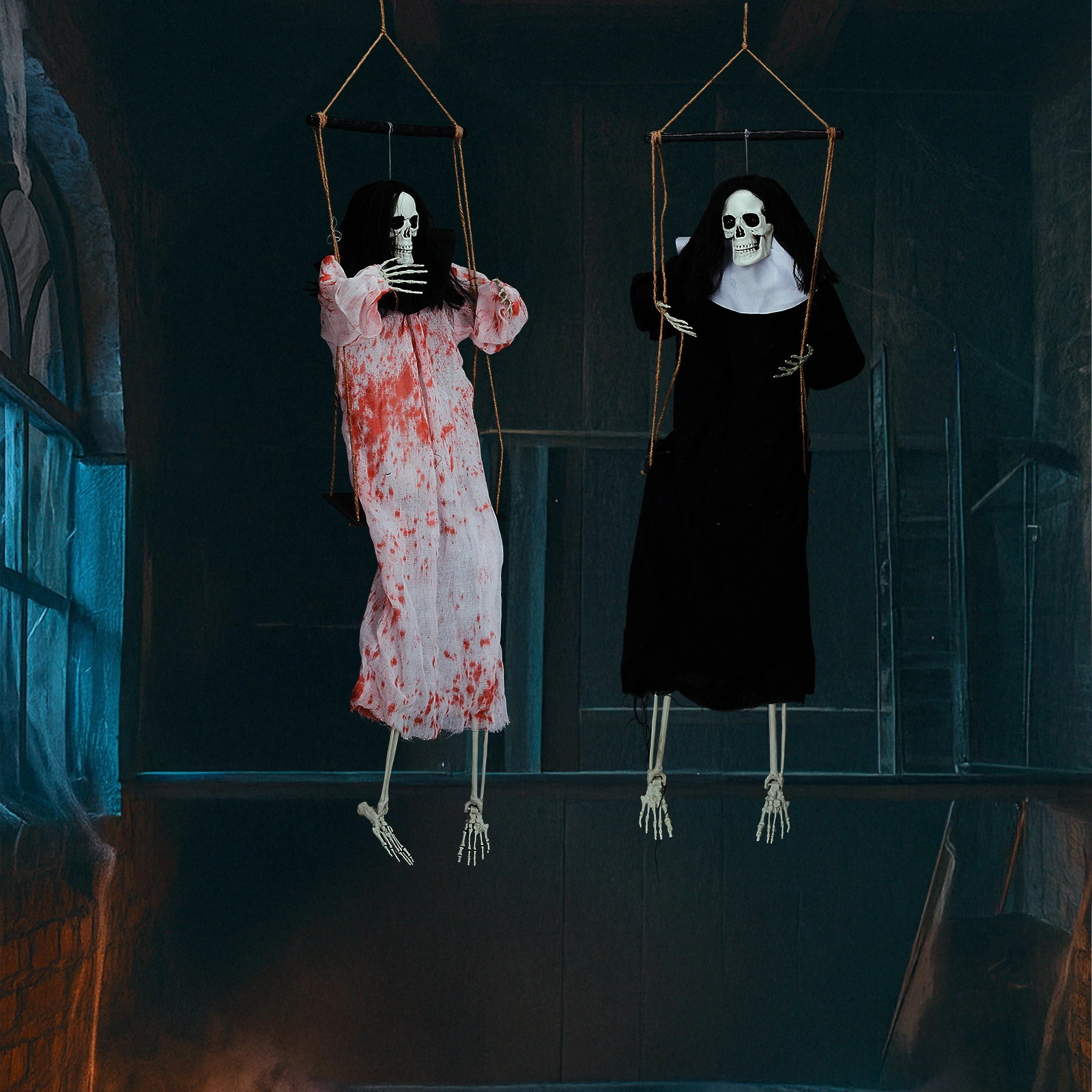 Halloween Outdoor Decorations 2 Pack Hanging Ghosts with Light-Up Eyes & Horror Scream, 3ft Scary Grim Reaper Swinging Flying Ghost for Yard Patio Lawn Garden view 3