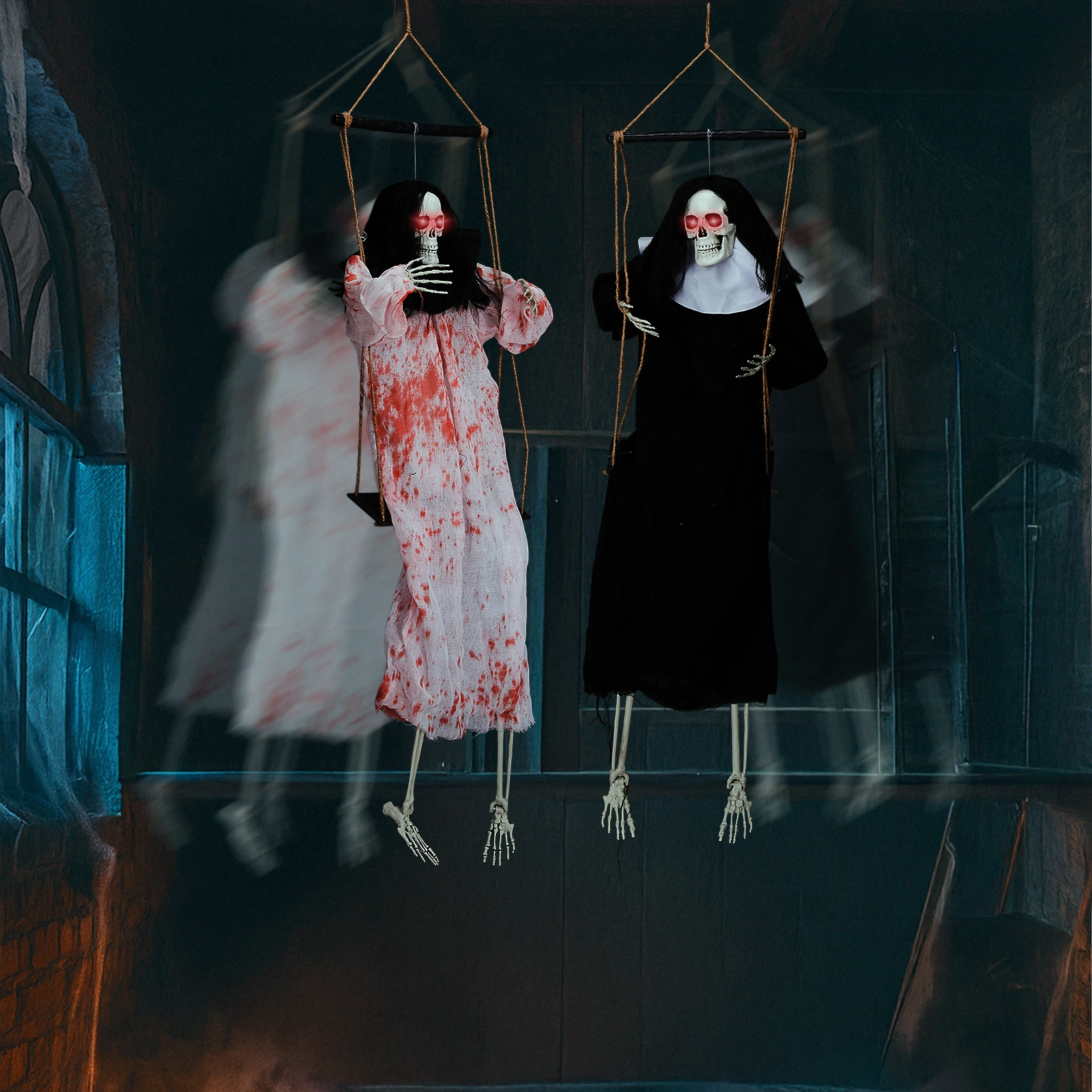 Halloween Outdoor Decorations 2 Pack Hanging Ghosts with Light-Up Eyes & Horror Scream, 3ft Scary Grim Reaper Swinging Flying Ghost for Yard Patio Lawn Garden view 4