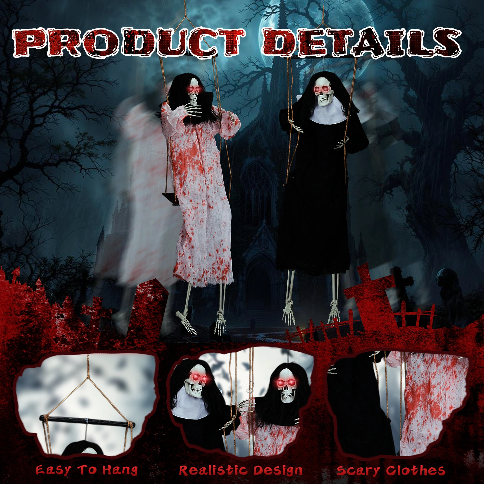 Halloween Outdoor Decorations 2 Pack Hanging Ghosts with Light-Up Eyes & Horror Scream, 3ft Scary Grim Reaper Swinging Flying Ghost for Yard Patio Lawn Garden view 5