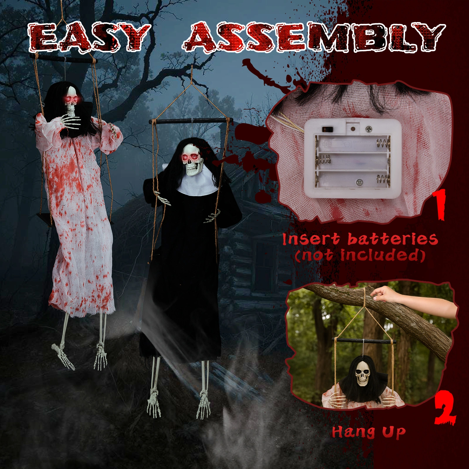 Halloween Outdoor Decorations 2 Pack Hanging Ghosts with Light-Up Eyes & Horror Scream, 3ft Scary Grim Reaper Swinging Flying Ghost for Yard Patio Lawn Garden view 6