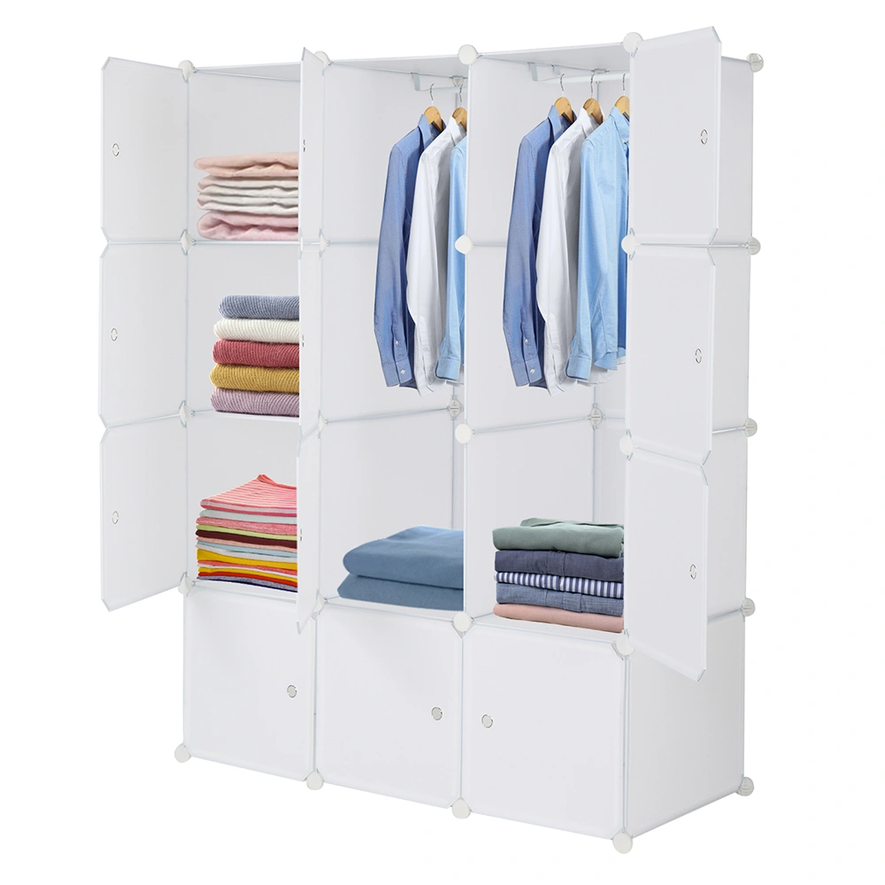 12 Cube Storage Organizer - Stackable Modular Plastic Cube Shelves with Hanging Rod, Versatile Closet & Bedroom Unit, White view 2