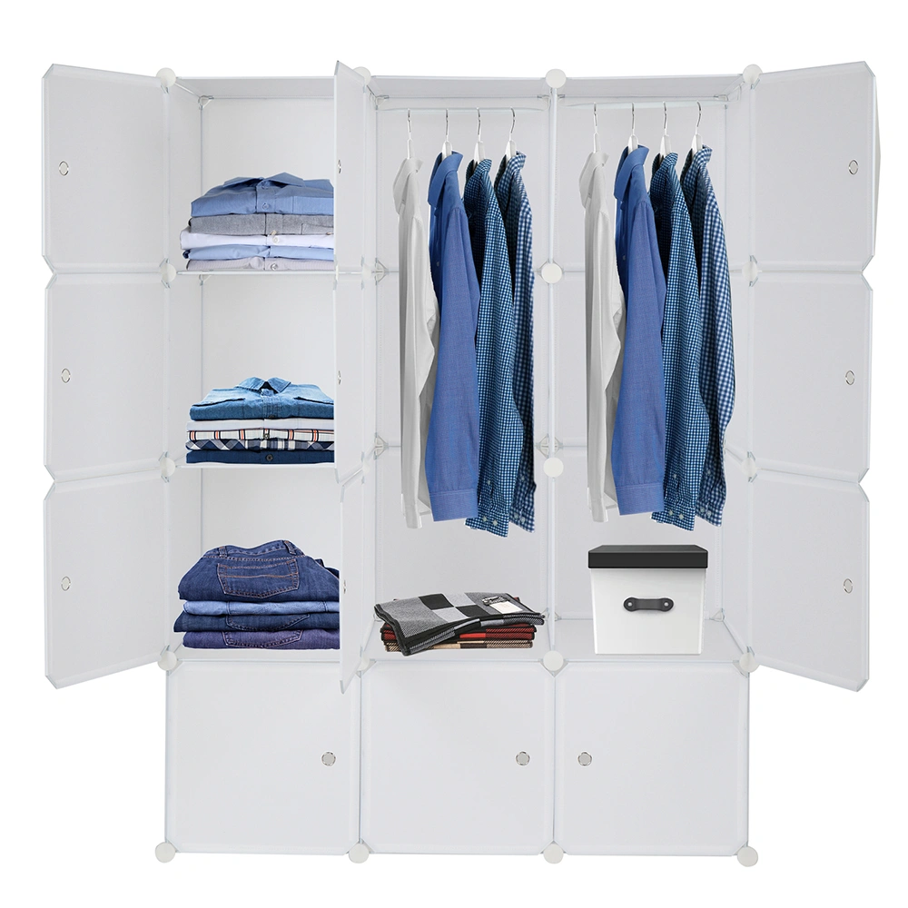 12 Cube Storage Organizer - Stackable Modular Plastic Cube Shelves with Hanging Rod, Versatile Closet & Bedroom Unit, White view 3