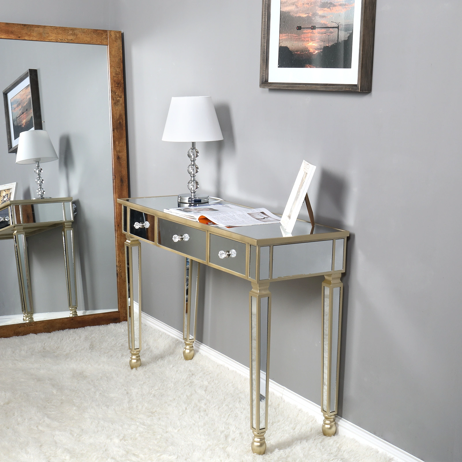 Three Drawers Mirror Table Dressing Table Console Table view 26