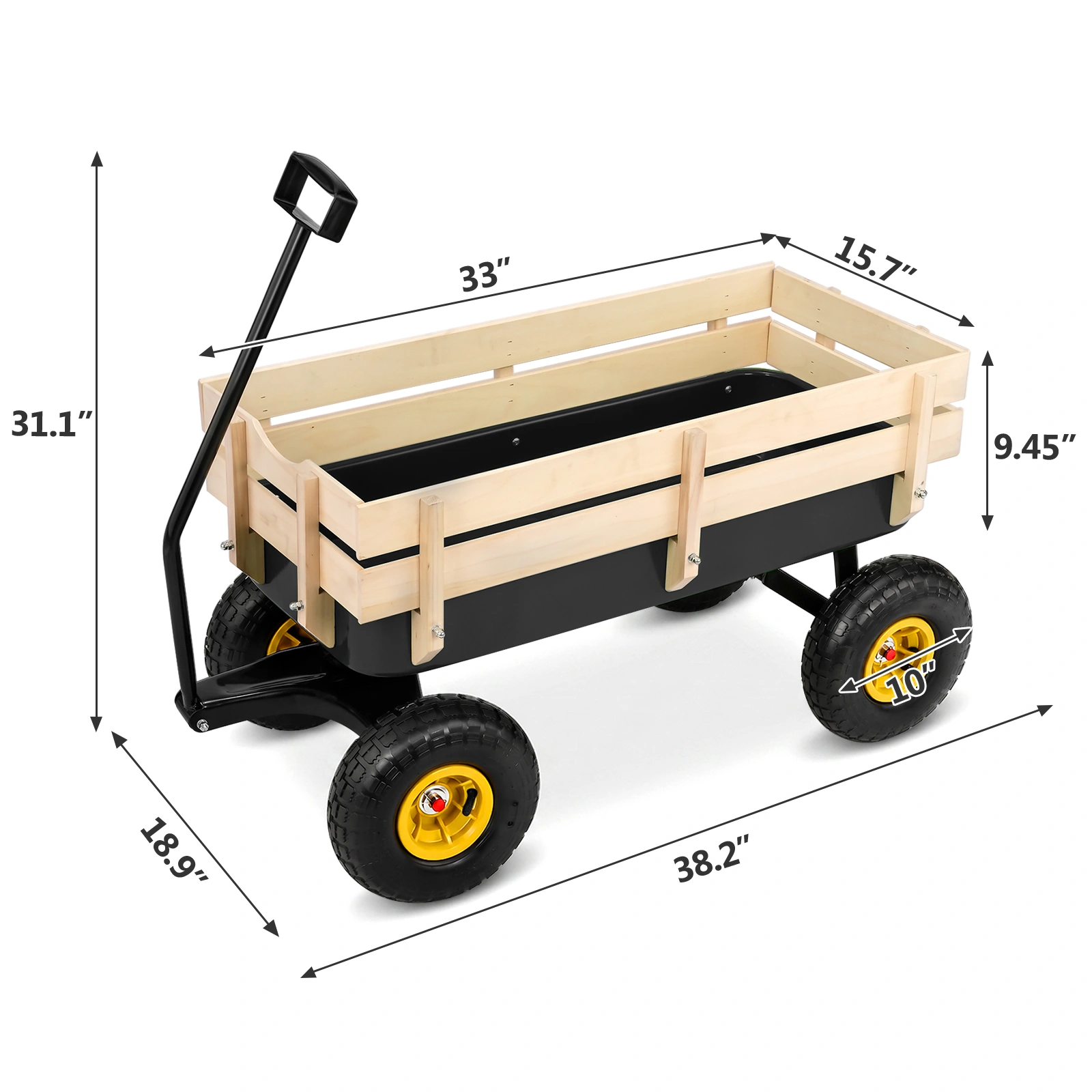 Heavy Duty Steel Wooden Side Support Cargo Wagon with 10" All-Terrain Air Tires, Up to 220lb Load Capacity, for Towing Kids Toys, Gardening Supplies, Black view 2