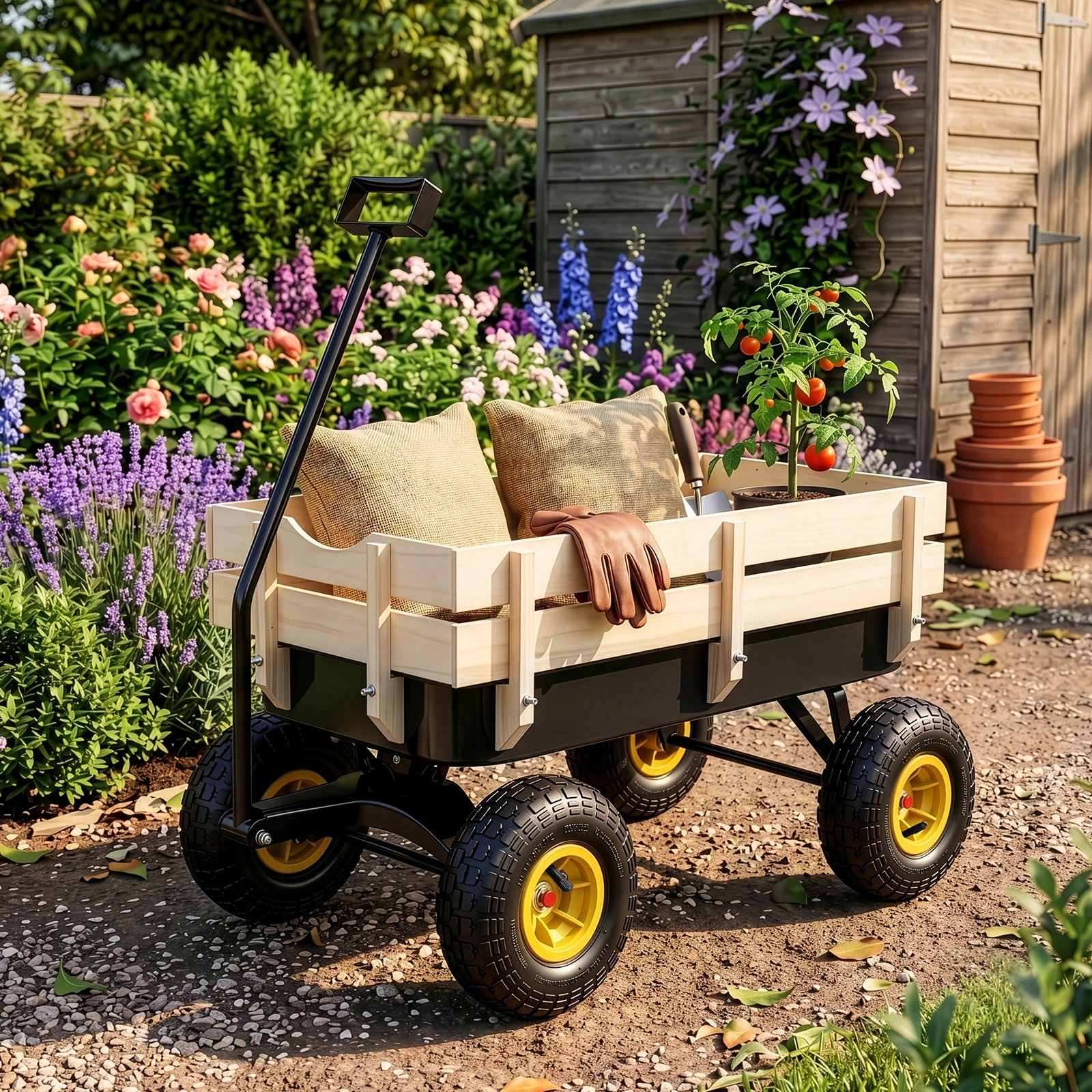 Heavy Duty Steel Wooden Side Support Cargo Wagon with 10" All-Terrain Air Tires, Up to 220lb Load Capacity, for Towing Kids Toys, Gardening Supplies, Black view 4