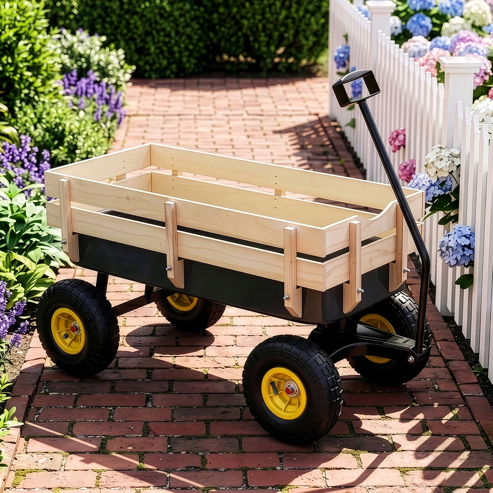 Heavy Duty Steel Wooden Side Support Cargo Wagon with 10" All-Terrain Air Tires, Up to 220lb Load Capacity, for Towing Kids Toys, Gardening Supplies, Black view 7