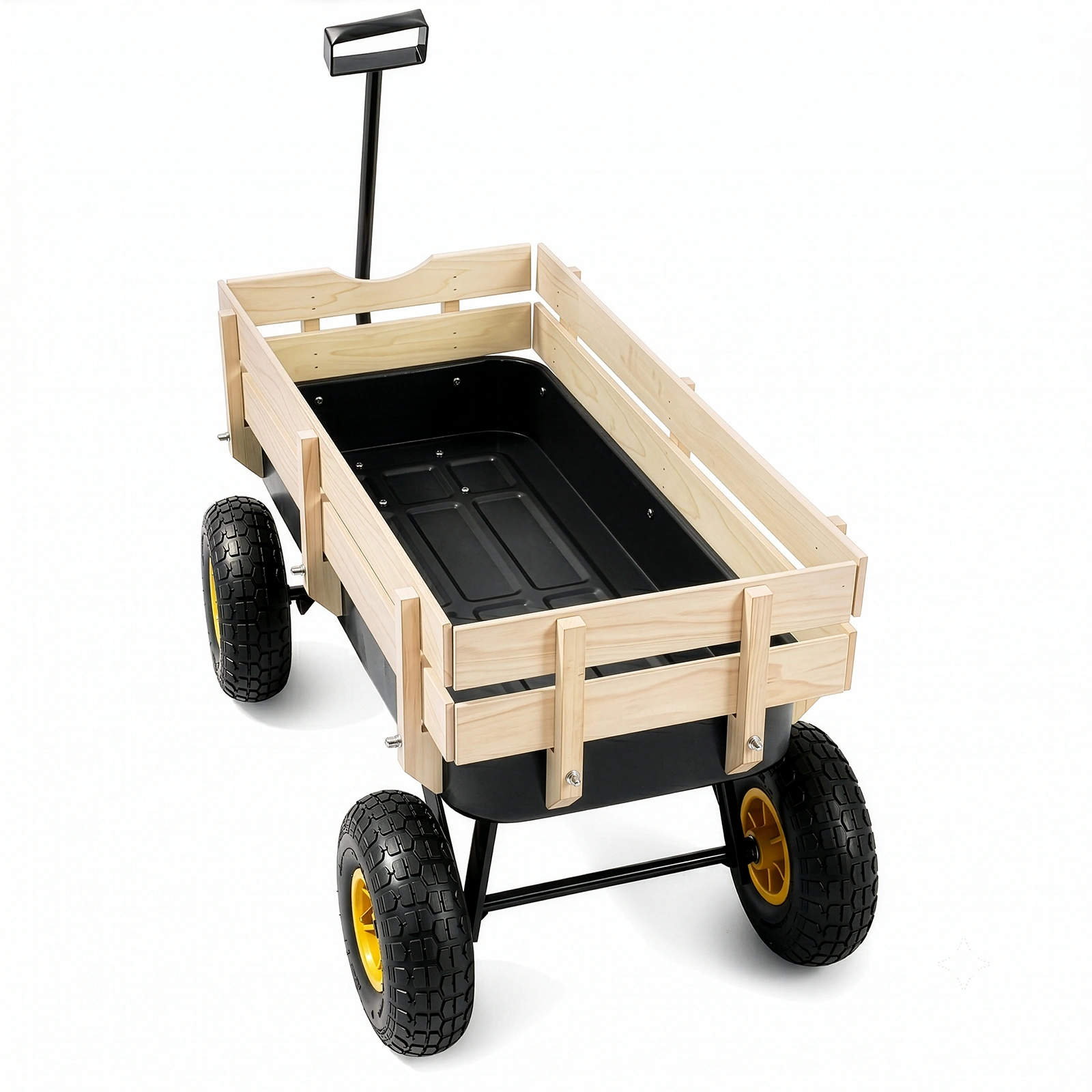 Heavy Duty Steel Wooden Side Support Cargo Wagon with 10" All-Terrain Air Tires, Up to 220lb Load Capacity, for Towing Kids Toys, Gardening Supplies, Black view 8