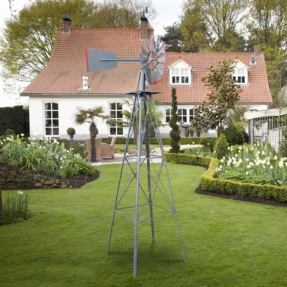 8FT Weather Resistant Yard Garden Windmill Gray & Red view 20