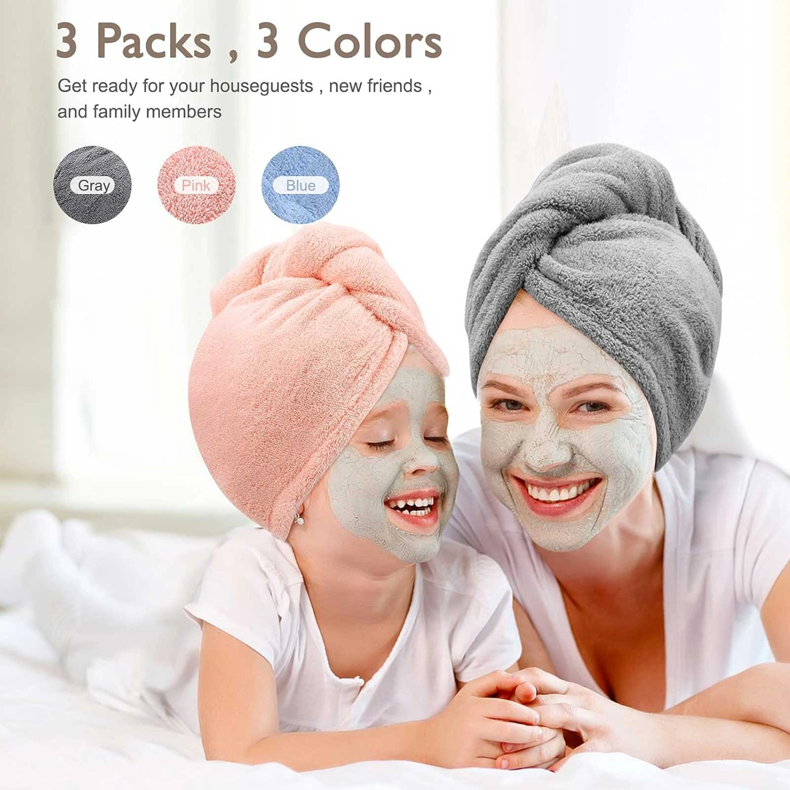 Women 3 PC Microfiber Hair Towel Wrap Ultra Absorbent Hair Turbans for Curly, Long & Thick Hair (Blue,Grey,Pink) view 2