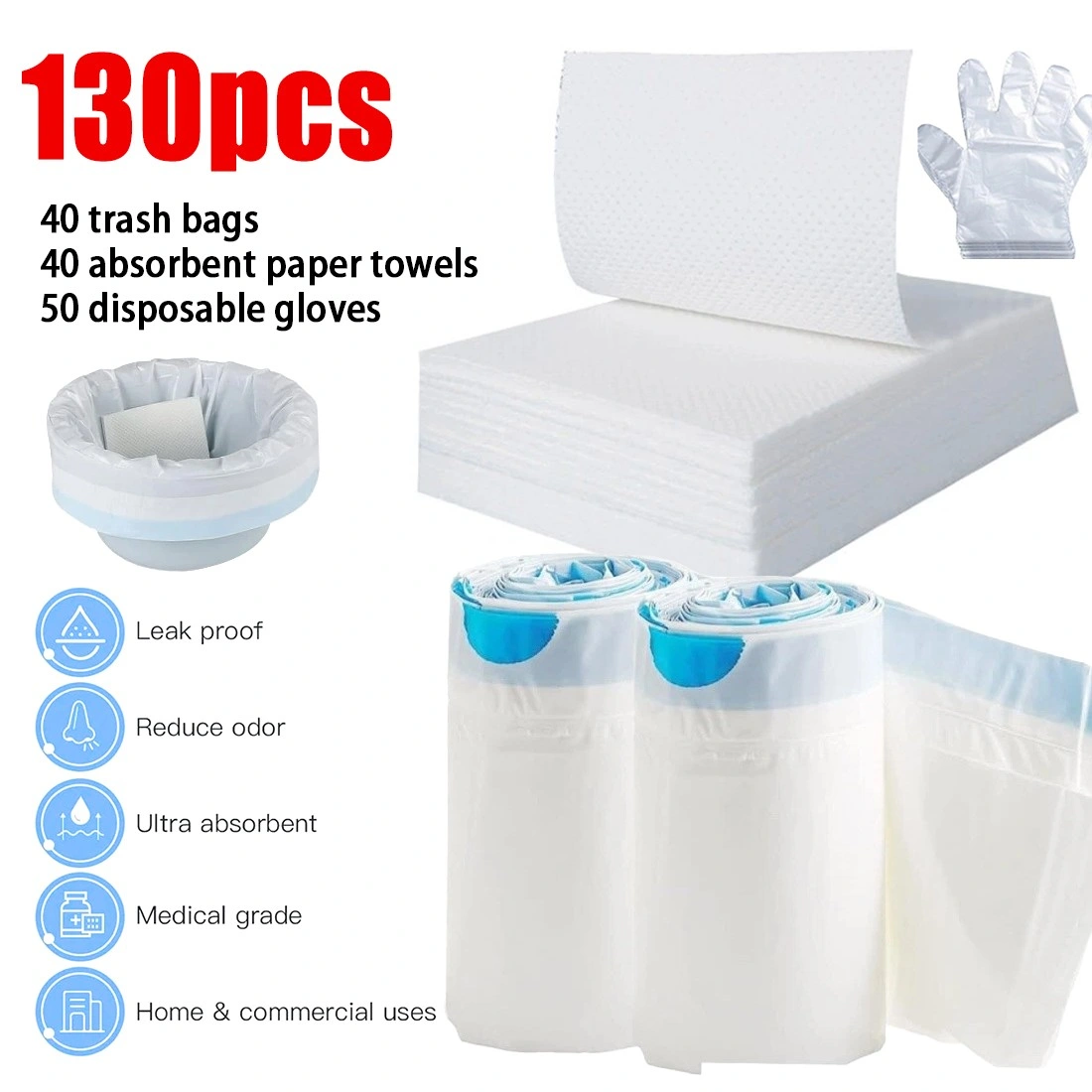80 Pack Commode Liners Disposable Bags with Absorbent Pad, Odorless Universal Fit Toilet Liner view 2