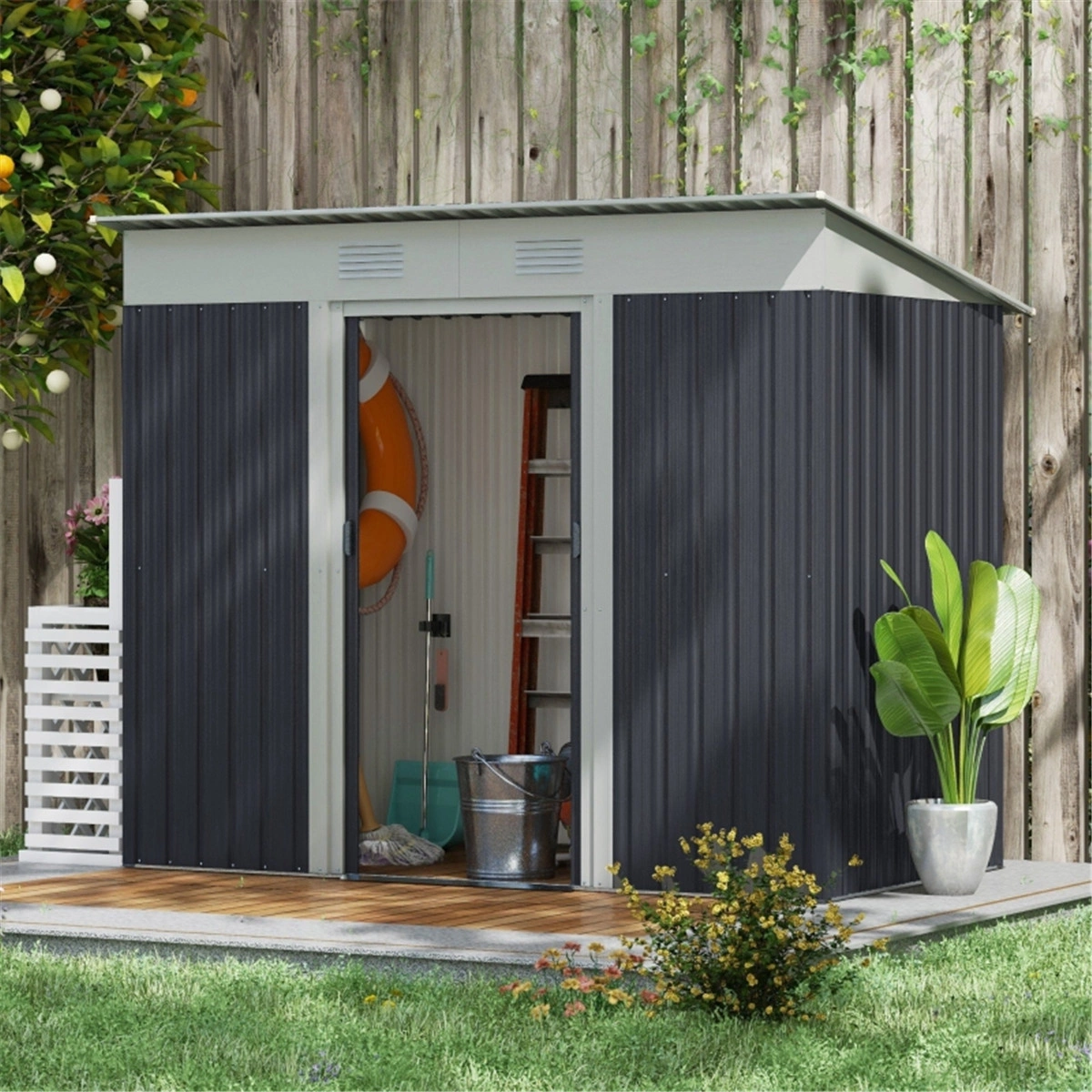 Garden Shed for Outdoor Storage, Large Metal Garden Shed with Roof, Weather-Resistant Garden Shed for Tools, Lawnmower, and Equipment view 2