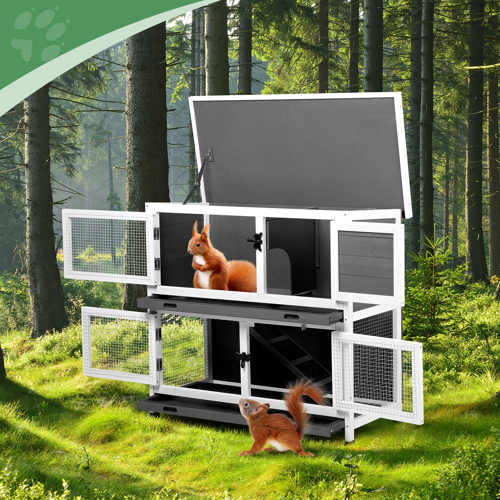 2 Story Solid Wood Rabbit Hutch Bunny Cage with 2 Large Main Rooms, Indoor Outdoor Rabbit House Guinea Pig Cage Pet House for Small Animals with 2 Removable Trays, Grey