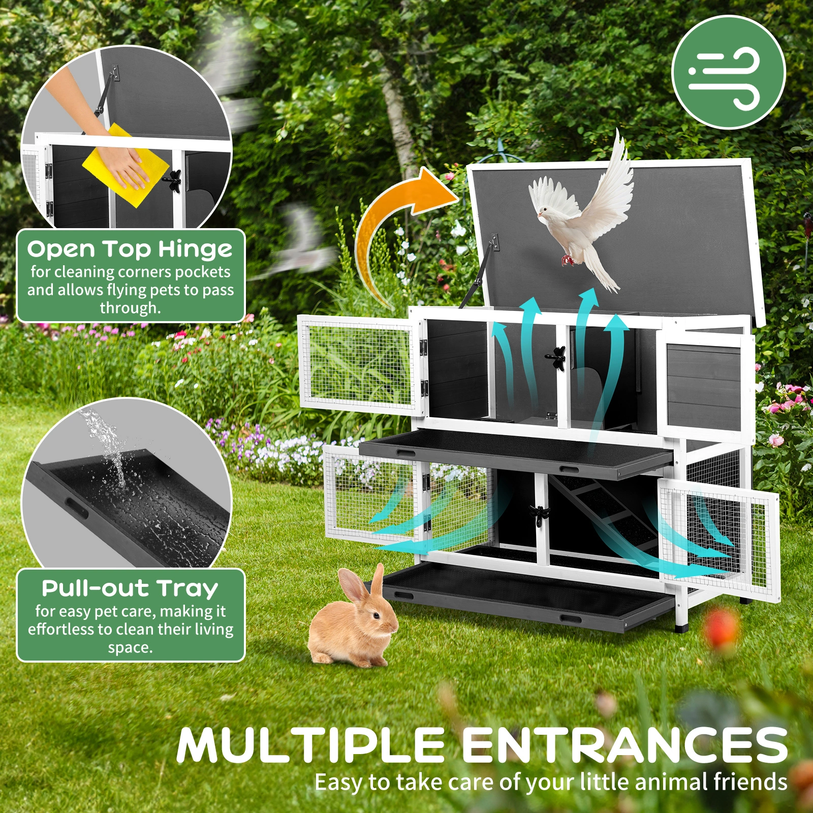 2 Story Solid Wood Rabbit Hutch Bunny Cage with 2 Large Main Rooms, Indoor Outdoor Rabbit House Guinea Pig Cage Pet House for Small Animals with 2 Removable Trays, Grey view 10