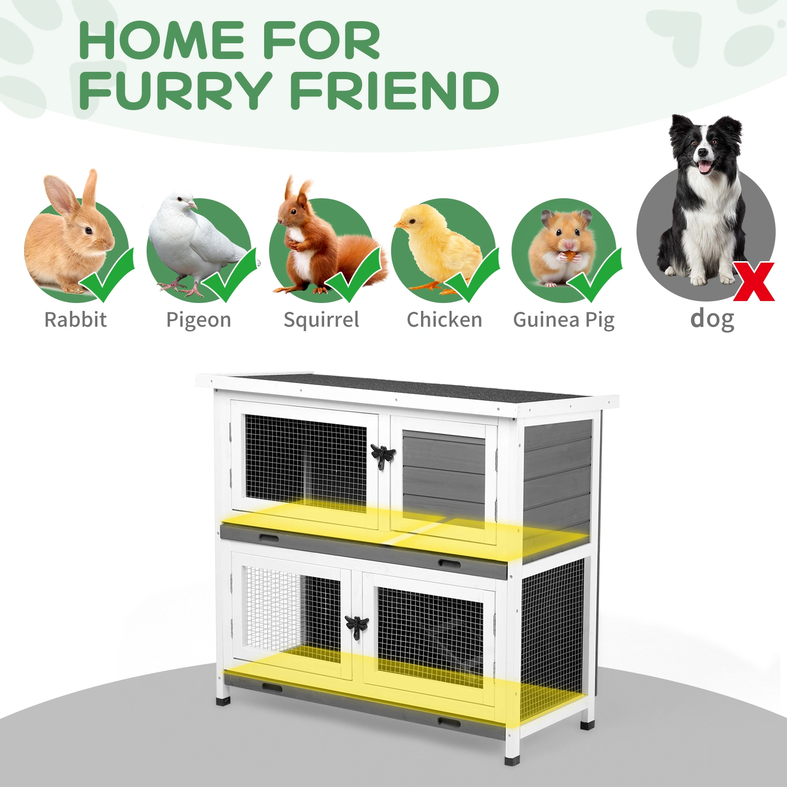 2 Story Solid Wood Rabbit Hutch Bunny Cage with 2 Large Main Rooms, Indoor Outdoor Rabbit House Guinea Pig Cage Pet House for Small Animals with 2 Removable Trays, Grey view 11