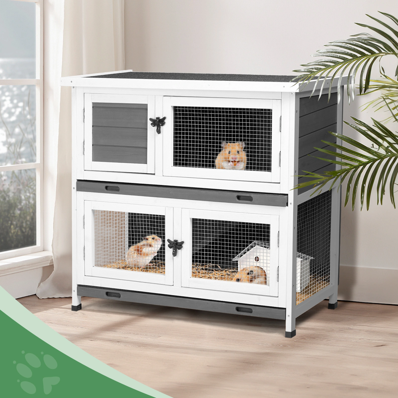 2 Story Solid Wood Rabbit Hutch Bunny Cage with 2 Large Main Rooms, Indoor Outdoor Rabbit House Guinea Pig Cage Pet House for Small Animals with 2 Removable Trays, Grey view 14