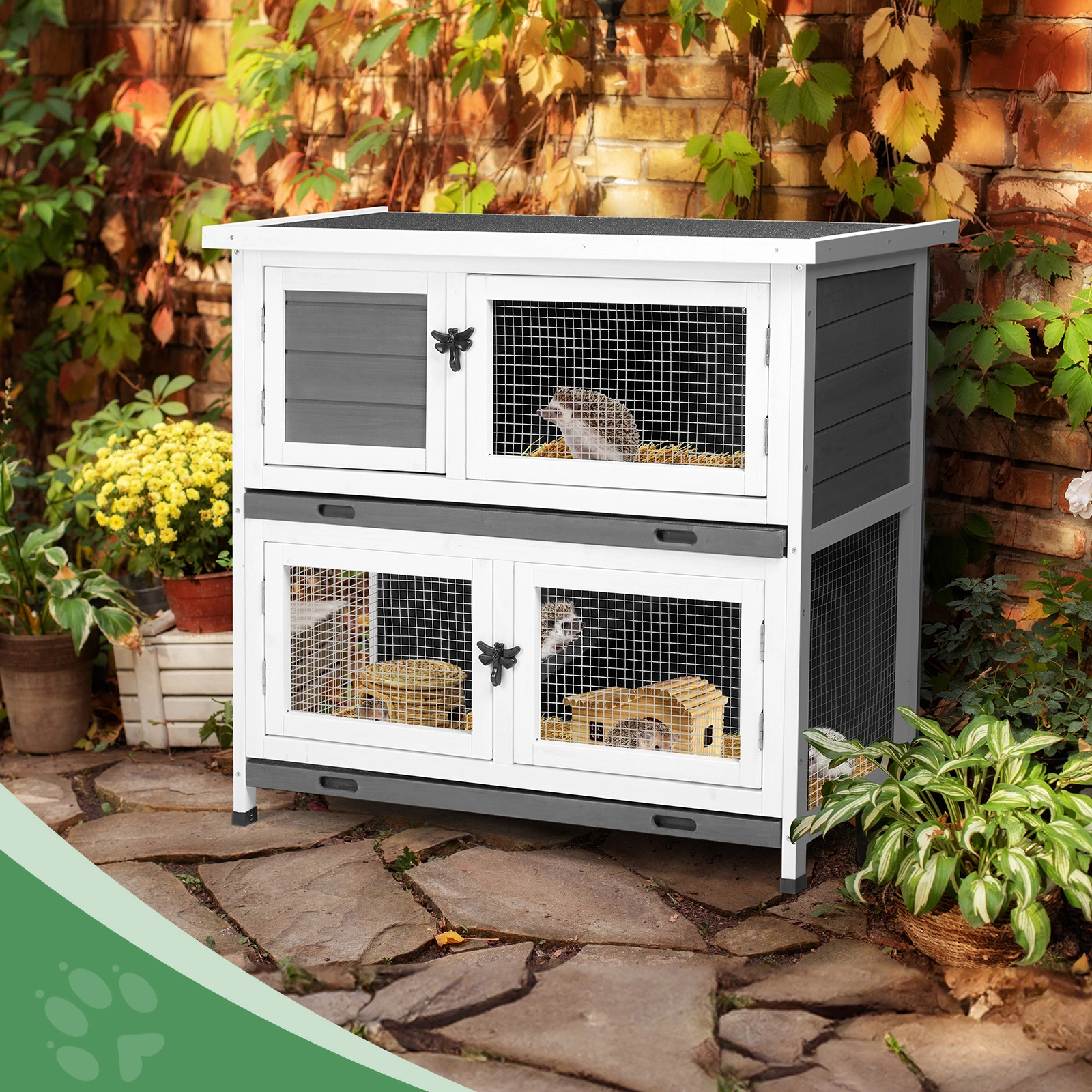 2 Story Solid Wood Rabbit Hutch Bunny Cage with 2 Large Main Rooms, Indoor Outdoor Rabbit House Guinea Pig Cage Pet House for Small Animals with 2 Removable Trays, Grey view 15