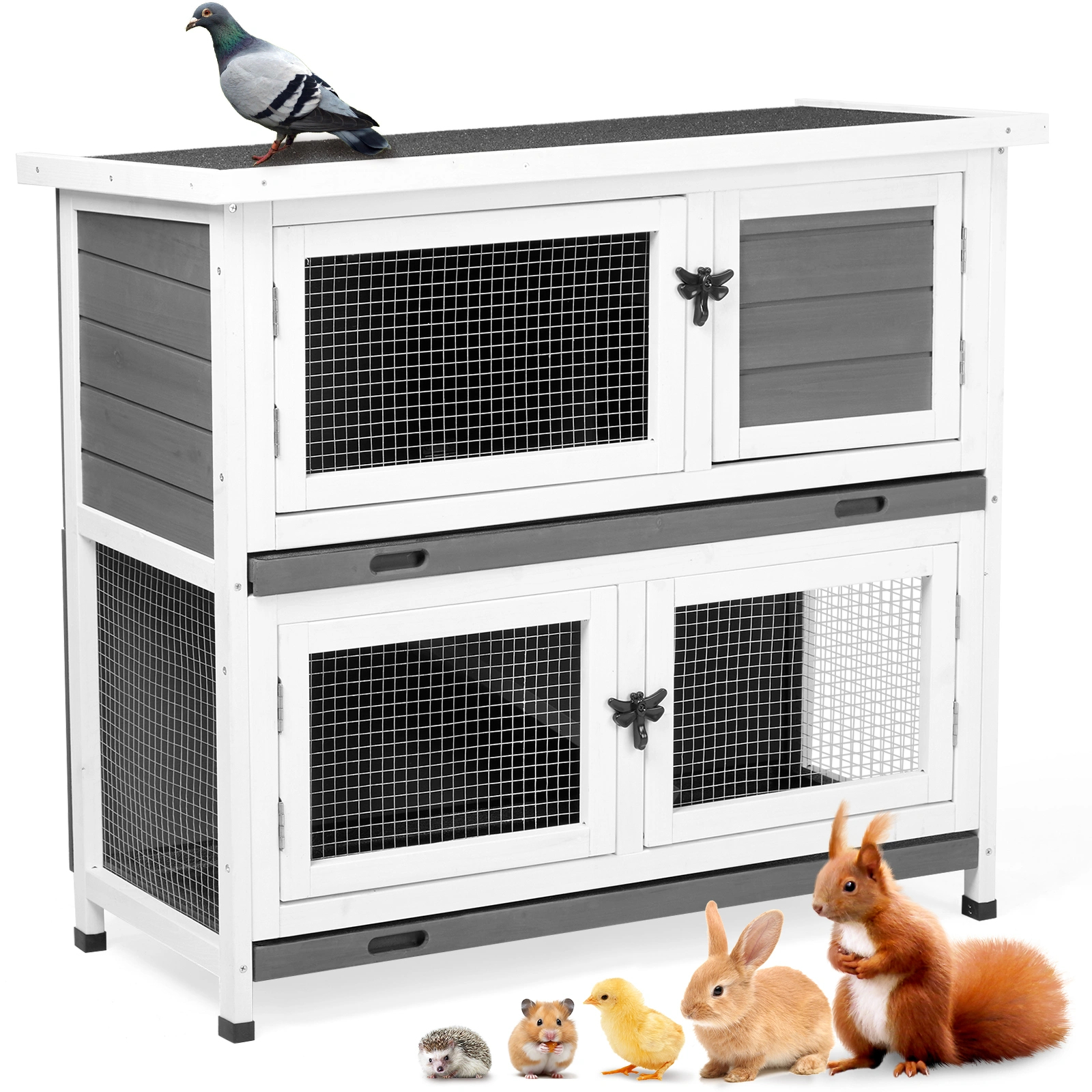 2 Story Solid Wood Rabbit Hutch Bunny Cage with 2 Large Main Rooms, Indoor Outdoor Rabbit House Guinea Pig Cage Pet House for Small Animals with 2 Removable Trays, Grey view 17