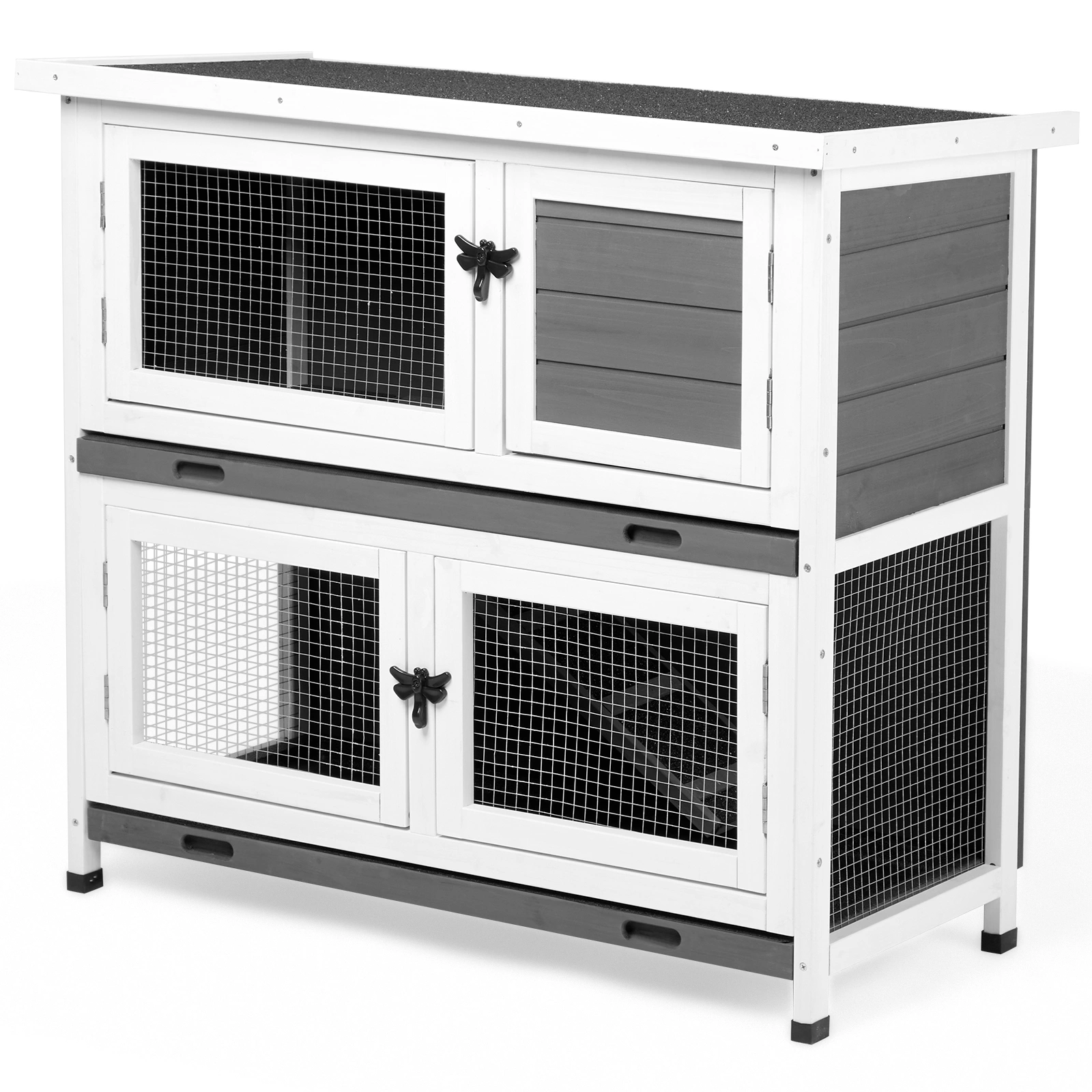2 Story Solid Wood Rabbit Hutch Bunny Cage with 2 Large Main Rooms, Indoor Outdoor Rabbit House Guinea Pig Cage Pet House for Small Animals with 2 Removable Trays, Grey view 3