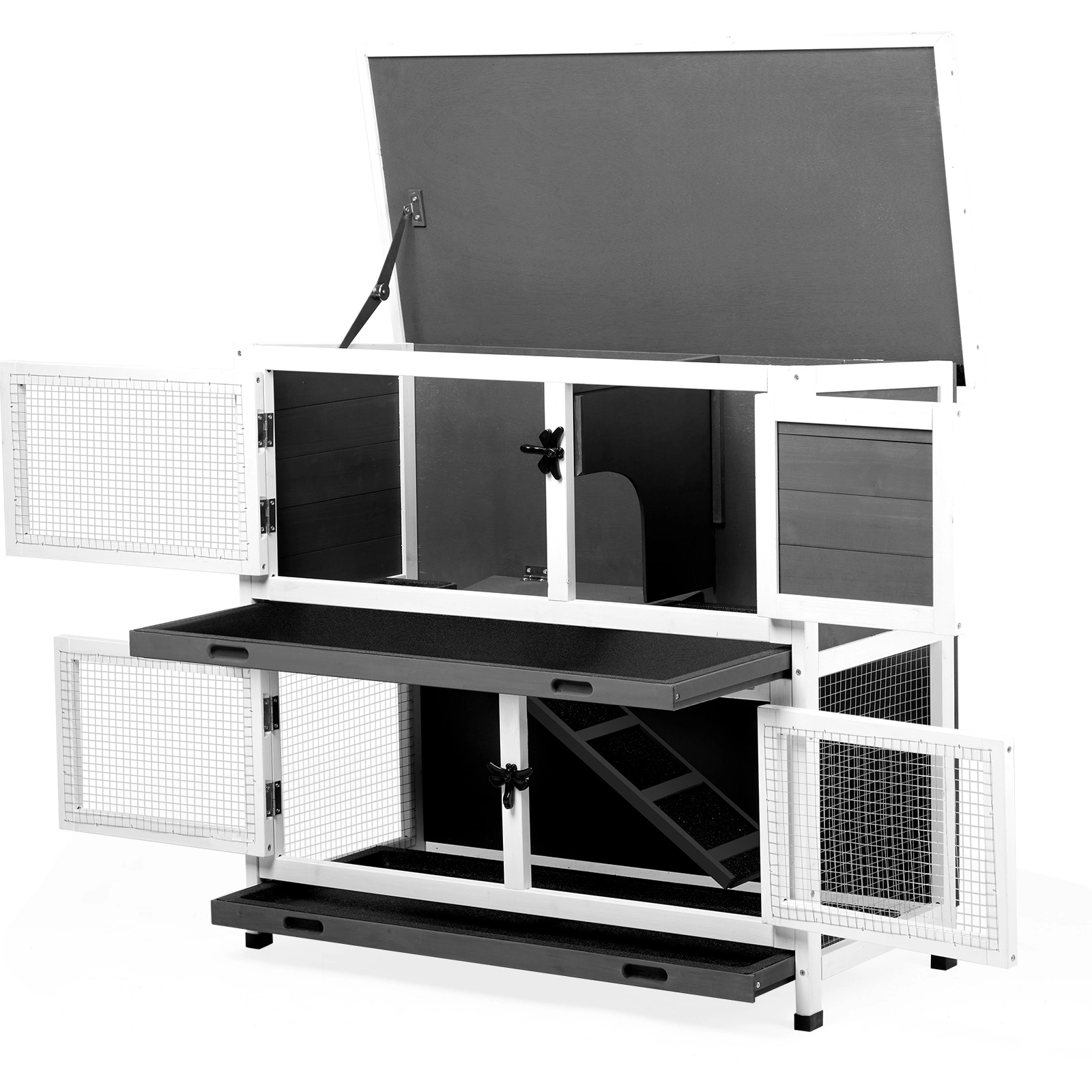 2 Story Solid Wood Rabbit Hutch Bunny Cage with 2 Large Main Rooms, Indoor Outdoor Rabbit House Guinea Pig Cage Pet House for Small Animals with 2 Removable Trays, Grey view 7