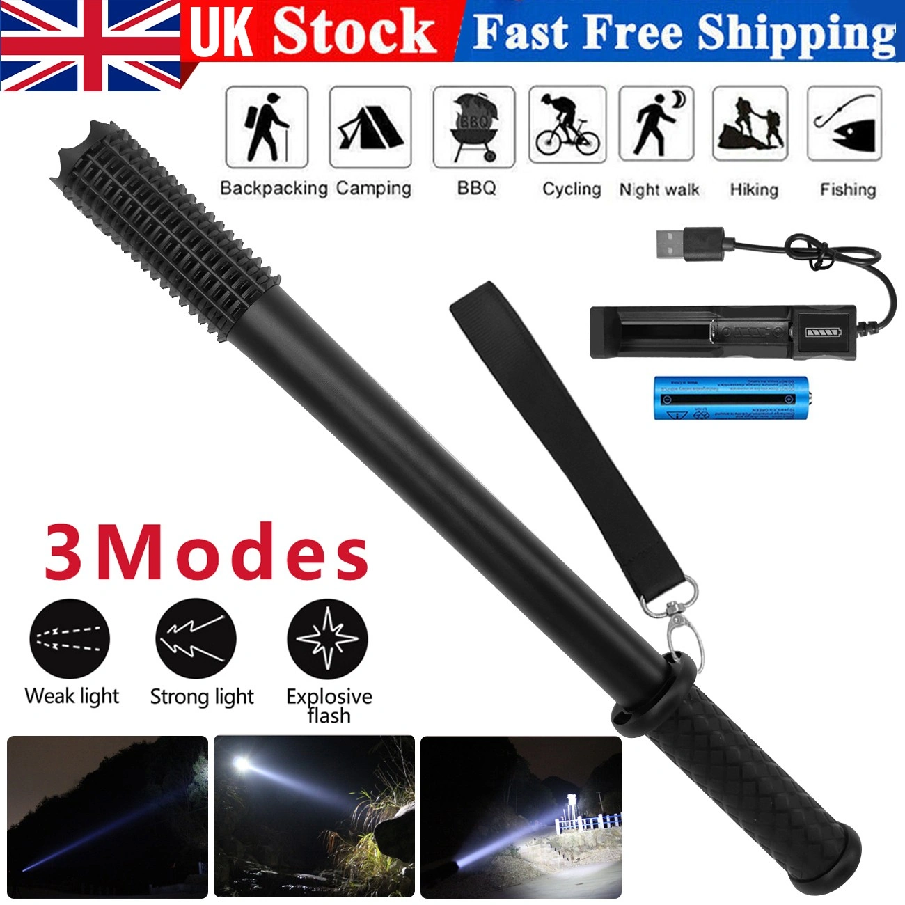 USB Rechargeable LED Flashlight, 3 Modes, Hiking Security Torch, Camping Outdoor Flashlight Set