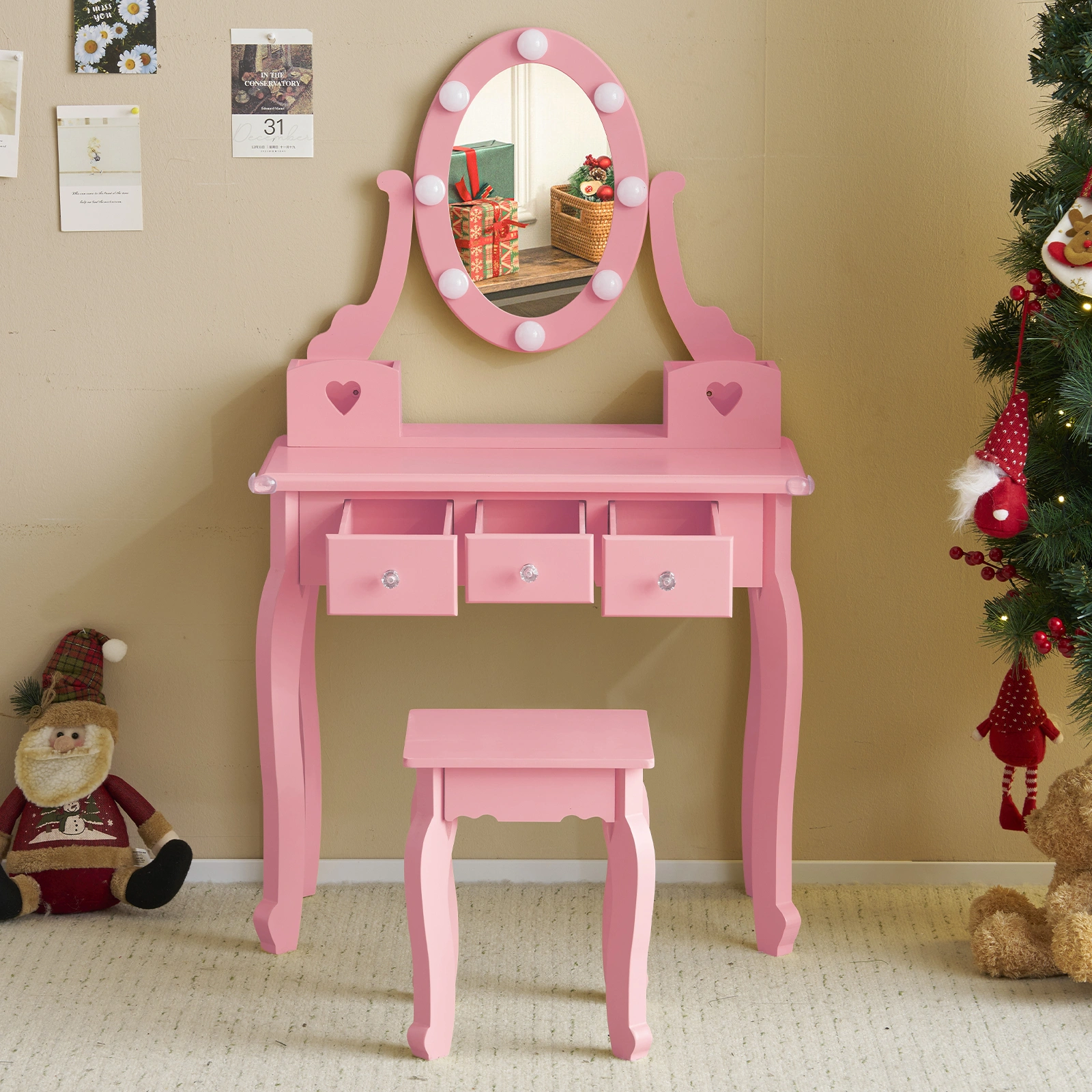 Kids Vanity Set with Mirror and Lights and Stool, 5 Storage Drawers, Pretend Play Princess Makeup Desk Dressing Table and Stool Set for Little Girls Age 3+, Macaroon Pink