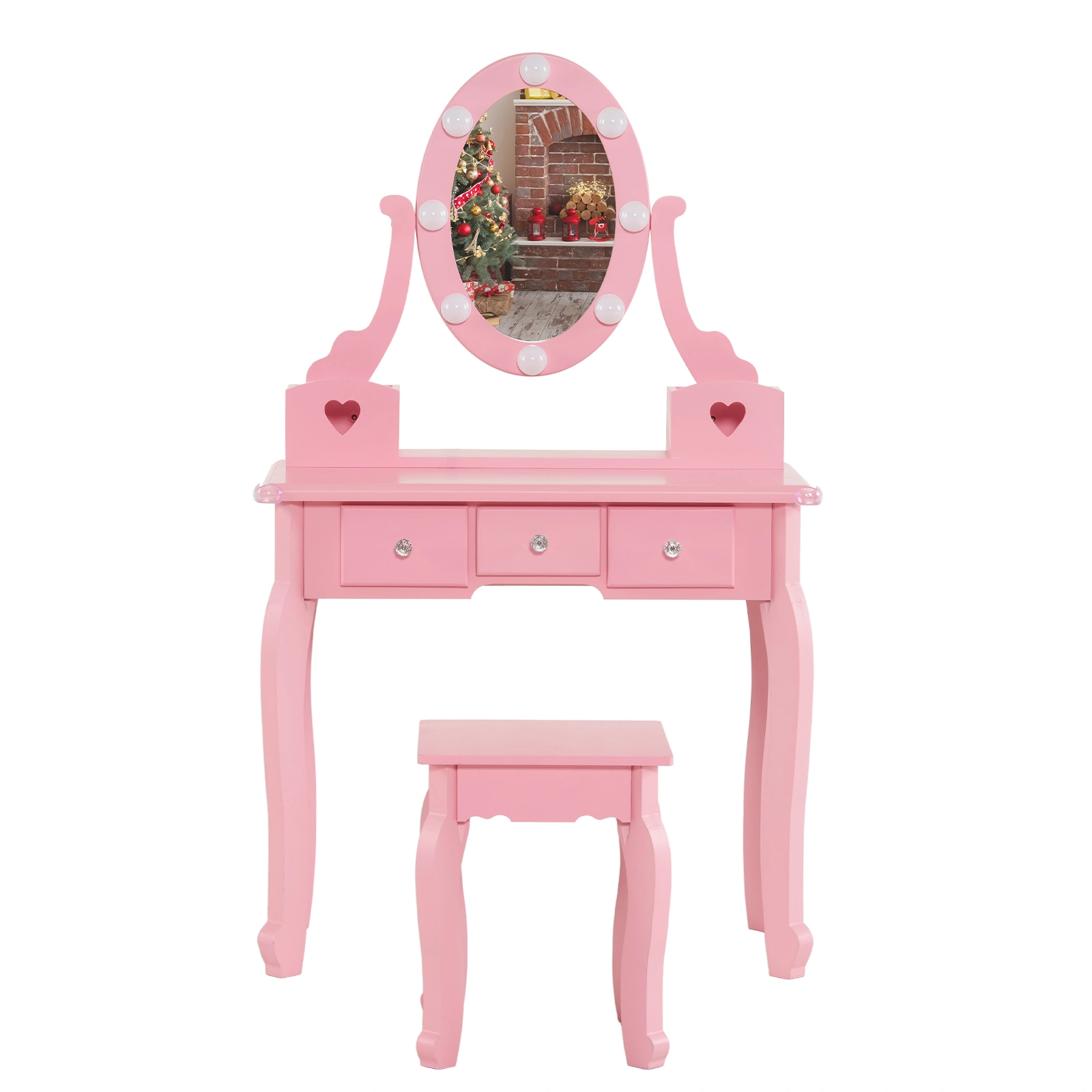 Kids Vanity Set with Mirror and Lights and Stool, 5 Storage Drawers, Pretend Play Princess Makeup Desk Dressing Table and Stool Set for Little Girls Age 3+, Macaroon Pink view 10