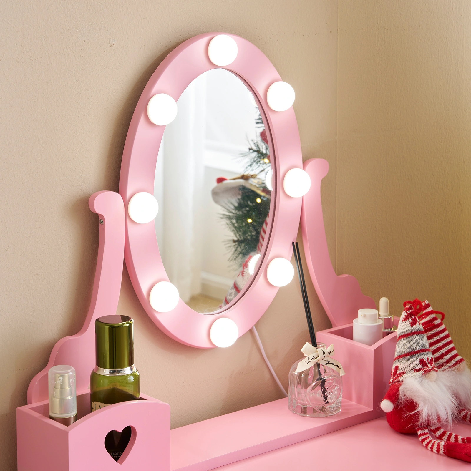 Kids Vanity Set with Mirror and Lights and Stool, 5 Storage Drawers, Pretend Play Princess Makeup Desk Dressing Table and Stool Set for Little Girls Age 3+, Macaroon Pink view 11