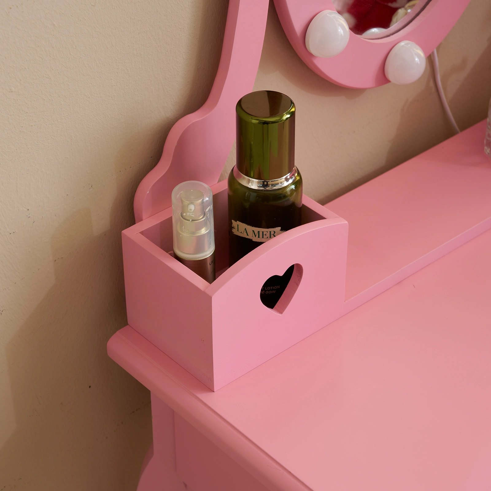Kids Vanity Set with Mirror and Lights and Stool, 5 Storage Drawers, Pretend Play Princess Makeup Desk Dressing Table and Stool Set for Little Girls Age 3+, Macaroon Pink view 13