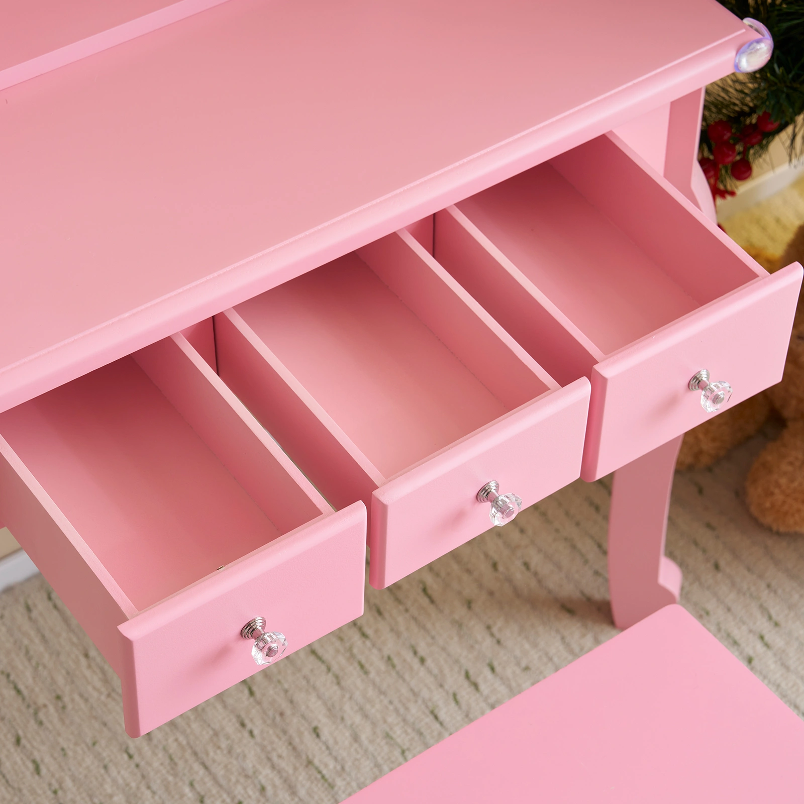 Kids Vanity Set with Mirror and Lights and Stool, 5 Storage Drawers, Pretend Play Princess Makeup Desk Dressing Table and Stool Set for Little Girls Age 3+, Macaroon Pink view 14